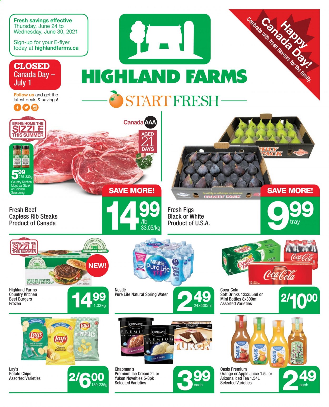 thumbnail - Circulaire Highland Farms - 24 Juin 2021 - 30 Juin 2021 - Produits soldés - Oasis, Nestlé, chips, Lay’s, Coca-Cola, steak. Page 1.