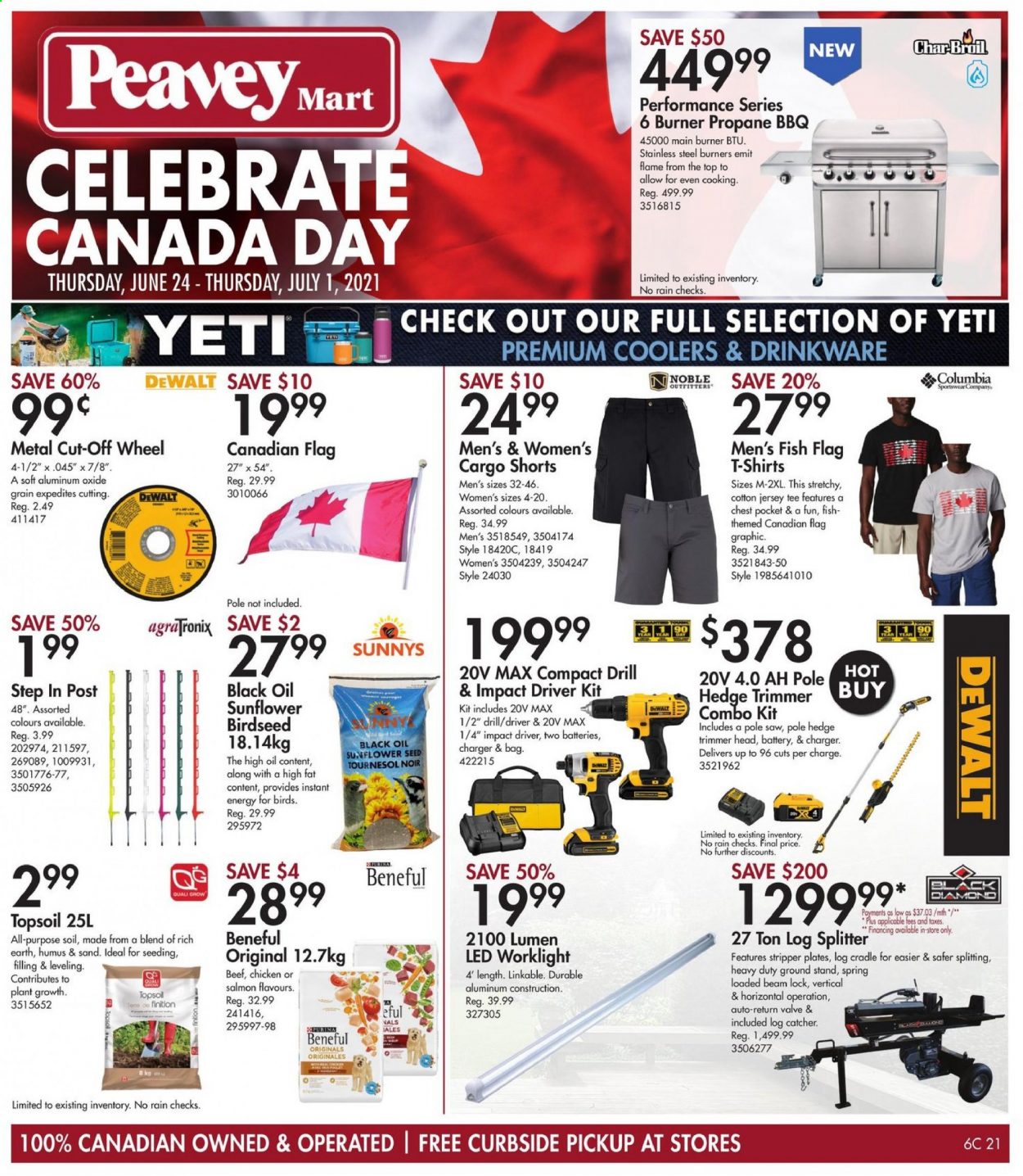 thumbnail - Peavey Mart Flyer - June 24, 2021 - July 01, 2021 - Sales products - drinkware, plate, bag, plant seeds, Columbia, t-shirt, jersey, DeWALT, impact driver, saw, hedge trimmer, log splitter, combo kit, shorts. Page 1.