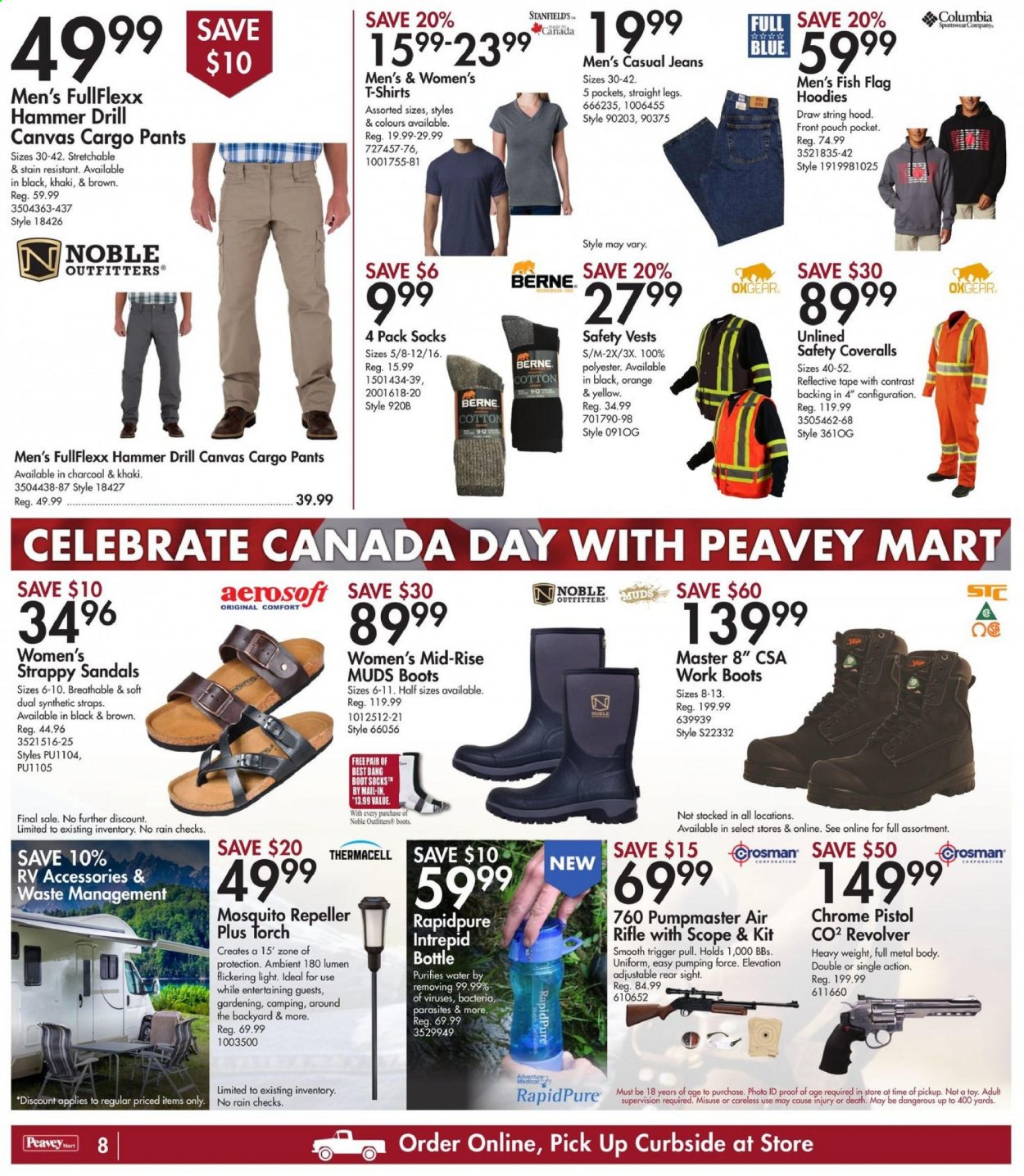 thumbnail - Peavey Mart Flyer - June 24, 2021 - July 01, 2021 - Sales products - canvas, Columbia, cargo pants, pants, t-shirt, hoodie, socks, boots, sandals, drill. Page 8.