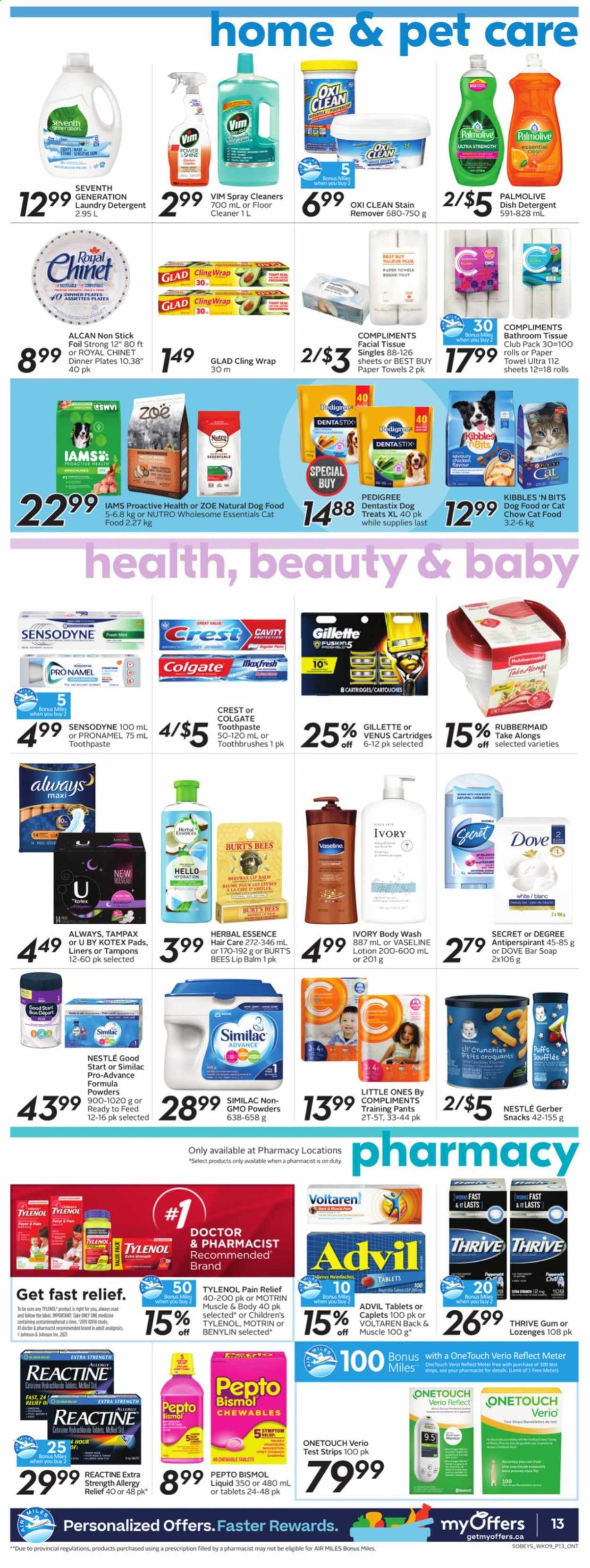 thumbnail - Sobeys Flyer - June 24, 2021 - June 30, 2021 - Sales products - puffs, snack, Gerber, Similac, pants, Johnson's, baby pants, bath tissue, kitchen towels, paper towels, cleaner, stain remover, laundry detergent, body wash, Palmolive, Vaseline, soap bar, soap, toothpaste, Crest, Kotex, Kotex pads, tampons, lip balm, body lotion, anti-perspirant, Sure, Zoe, Venus, animal food, cat food, dog food, Dentastix, Pedigree, Iams, pain relief, Tylenol, Advil Rapid, Benylin, allergy relief, Motrin, Nestlé, Gillette, Tampax, Sensodyne. Page 11.