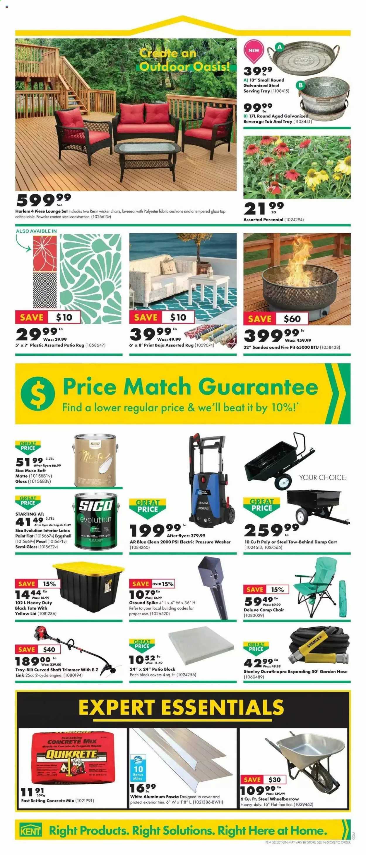 thumbnail - Kent Flyer - June 24, 2021 - June 30, 2021 - Sales products - beverage tub, lid, cushion, table, trimmer, paint, Stanley, rug, concrete mix, wheelbarrow, electric pressure washer, pressure washer, cart, garden hose, chair. Page 14.