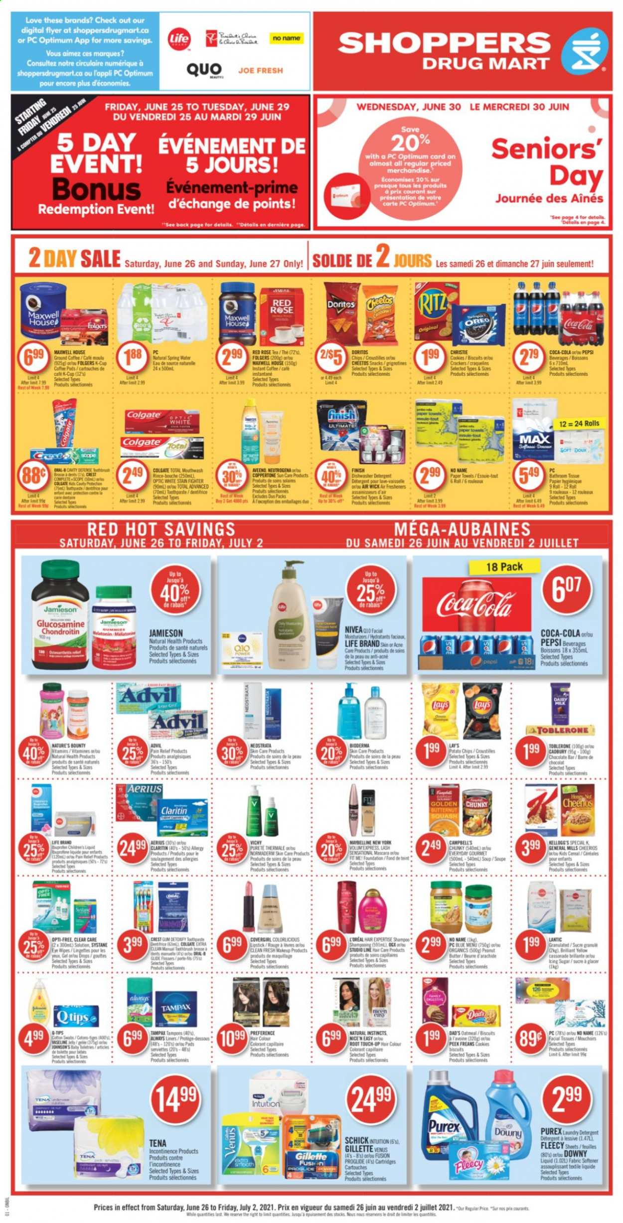 thumbnail - Shoppers Drug Mart Flyer - June 26, 2021 - July 02, 2021 - Sales products - cookies, snack, jelly, crackers, Kellogg's, biscuit, Toblerone, Cadbury, Dairy Milk, RITZ, chocolate bar, Doritos, Cheetos, Lay’s, sugar, oatmeal, icing sugar, soup, cereals, Cheerios, Campbell's, peanut butter, Coca-Cola, Pepsi, spring water, Maxwell House, tea, coffee pods, instant coffee, Folgers, ground coffee, coffee capsules, K-Cups, wipes, Johnson's, Aveeno, bath tissue, Always liners, kitchen towels, paper towels, fabric softener, laundry detergent, Purex, Downy Laundry, Vichy, Vaseline, toothbrush, toothpaste, mouthwash, Crest, tampons, facial tissues, L’Oréal, OGX, Root Touch-Up, hair color, Schick, Venus, lipstick, makeup, pain relief, Clear Care, glucosamine, Melatonin, Nature's Bounty, Advil Rapid, Oreo, Gillette, mascara, Maybelline, Neutrogena, Systane, Tampax, Nivea, Oral-B, chips. Page 1.