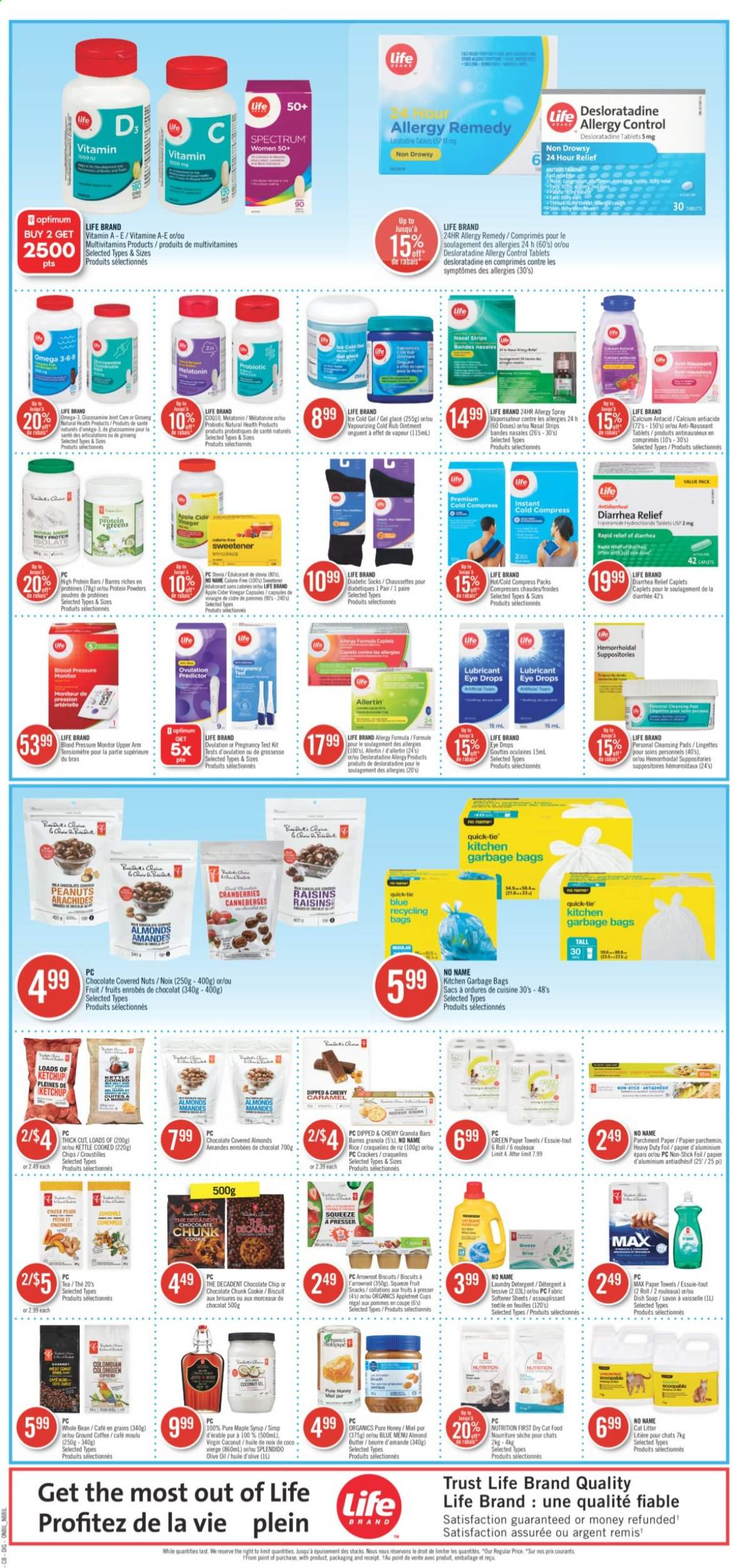 thumbnail - Shoppers Drug Mart Flyer - June 26, 2021 - July 02, 2021 - Sales products - crackers, biscuit, fruit snack, stevia, sweetener, protein bar, granola bar, rice, caramel, apple cider vinegar, olive oil, oil, maple syrup, honey, syrup, almonds, peanuts, dried fruit, tea, coffee, ground coffee, ointment, kitchen towels, paper towels, fabric softener, laundry detergent, soap, lubricant, Trust, bag, pressure monitor, socks, glucosamine, Melatonin, multivitamin, Omega-3, ginseng, eye drops, Spectrum, Antacid, bra, raisins, chips. Page 14.