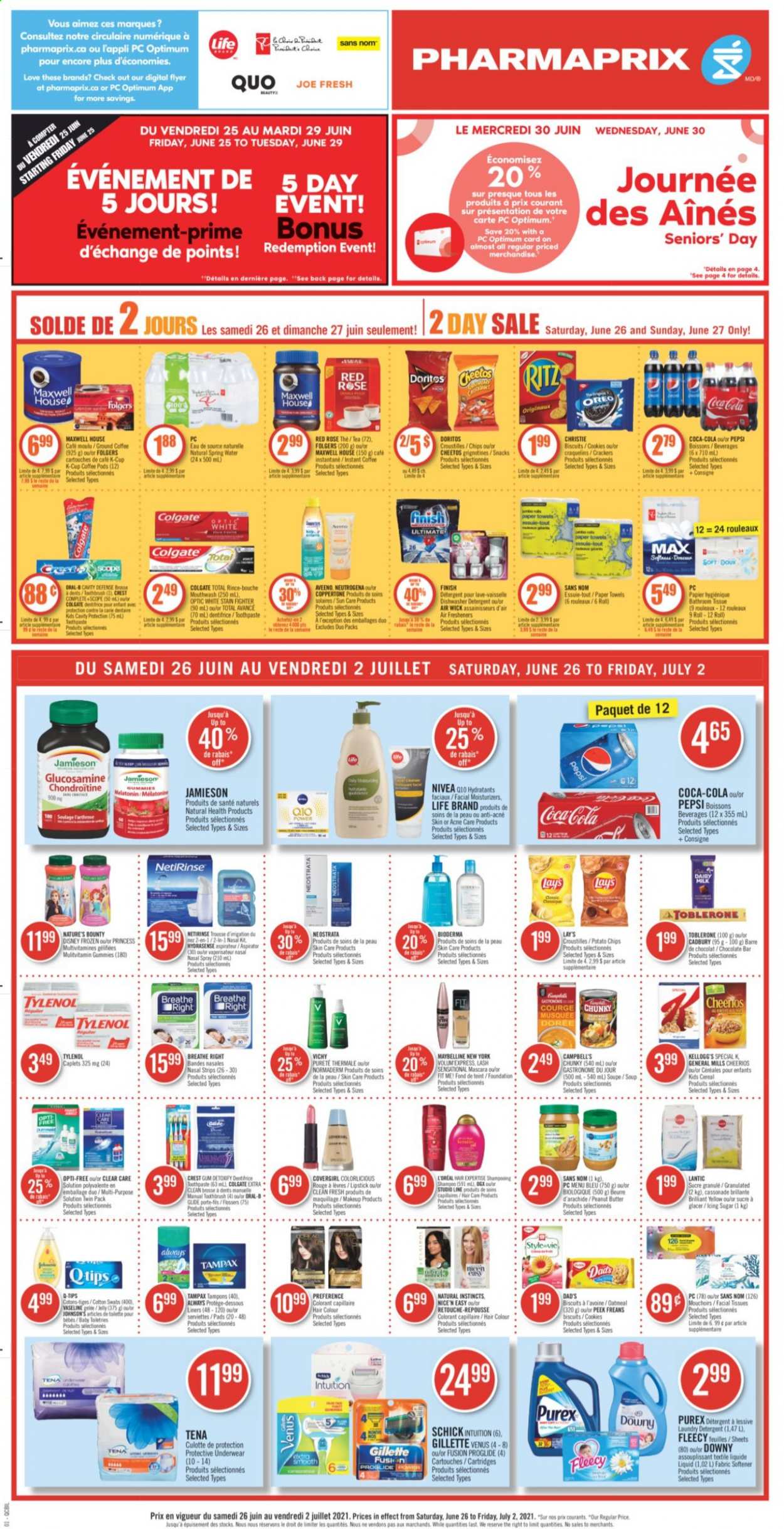 thumbnail - Pharmaprix Flyer - June 26, 2021 - July 02, 2021 - Sales products - Campbell's, soup, Disney, cookies, snack, crackers, Kellogg's, biscuit, Toblerone, Cadbury, Dairy Milk, RITZ, chocolate bar, Doritos, potato chips, Cheetos, Lay’s, sugar, oatmeal, icing sugar, cereals, Cheerios, peanut butter, Coca-Cola, Pepsi, spring water, Maxwell House, tea, coffee pods, instant coffee, Folgers, ground coffee, coffee capsules, K-Cups, rosé wine, Johnson's, Aveeno, bath tissue, kitchen towels, paper towels, fabric softener, laundry detergent, Purex, Vichy, Vaseline, toothbrush, toothpaste, mouthwash, Crest, tampons, facial tissues, L’Oréal, moisturizer, hair color, Schick, Venus, lipstick, makeup, air freshener, Air Wick, princess, rose, Clear Care, glucosamine, Melatonin, Nature's Bounty, Tylenol, nasal spray, Oreo, Gillette, mascara, Maybelline, Neutrogena, shampoo, Tampax, Nivea, Oral-B. Page 1.