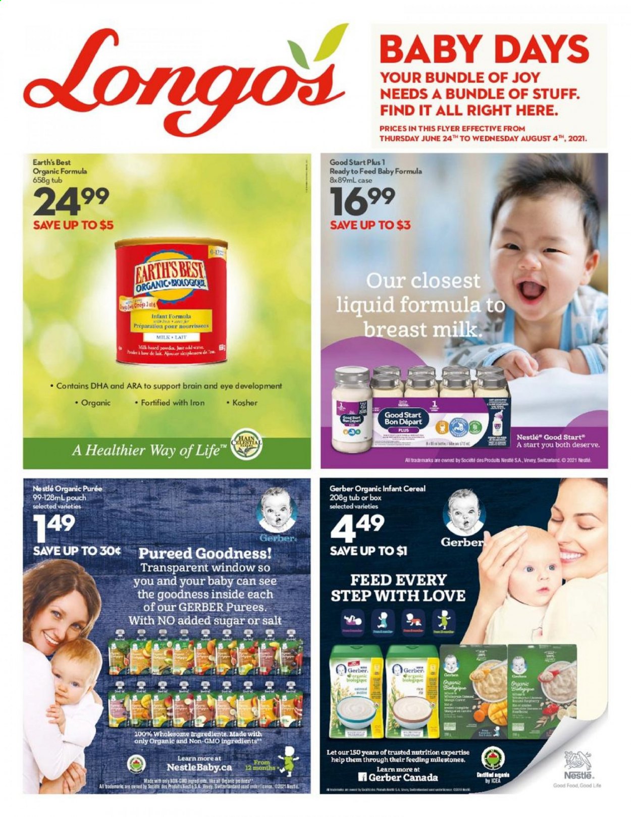 thumbnail - Longo's Flyer - June 24, 2021 - August 04, 2021 - Sales products - Gerber, salt, cereals, Good Life, Joy, Nestlé. Page 1.