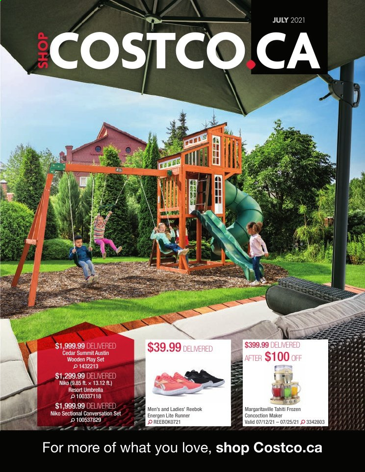 thumbnail - Costco Flyer - July 01, 2021 - July 31, 2021 - Sales products - umbrella, play set, Reebok. Page 1.