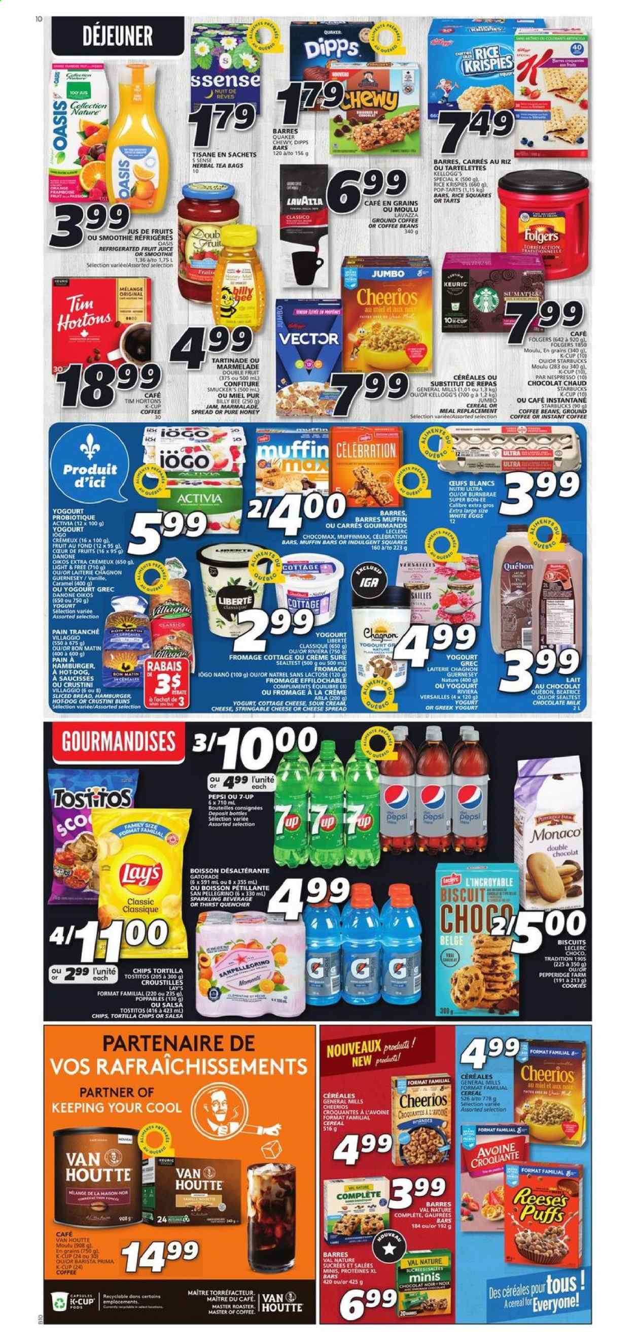 thumbnail - IGA Flyer - July 01, 2021 - July 07, 2021 - Sales products - buns, puffs, muffin, hamburger, Quaker, cheese spread, cottage cheese, Arla, greek yoghurt, yoghurt, Activia, Oikos, milk, eggs, sour cream, Reese's, cookies, milk chocolate, chocolate, Celebration, Kellogg's, biscuit, Pop-Tarts, tortilla chips, Lay’s, Tostitos, cereals, Cheerios, Rice Krispies, caramel, salsa, Classico, honey, fruit jam, Pepsi, juice, fruit juice, 7UP, Gatorade, smoothie, San Pellegrino, herbal tea, tea bags, coffee beans, Folgers, ground coffee, coffee capsules, Starbucks, K-Cups, Lavazza, Danone, chips. Page 8.
