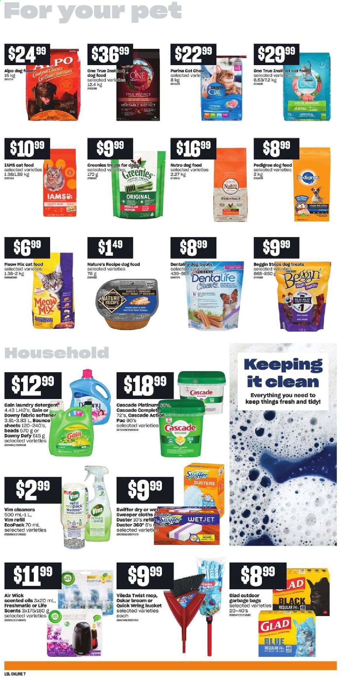 thumbnail - Loblaws Flyer - June 30, 2021 - July 07, 2021 - Sales products - strips, Gain, Swiffer, fabric softener, laundry detergent, Bounce, Cascade, Downy Laundry, bag, Greenies, animal food, cat food, dog food, Purina, Pedigree, Dentalife, Meow Mix, Alpo, Iams. Page 11.