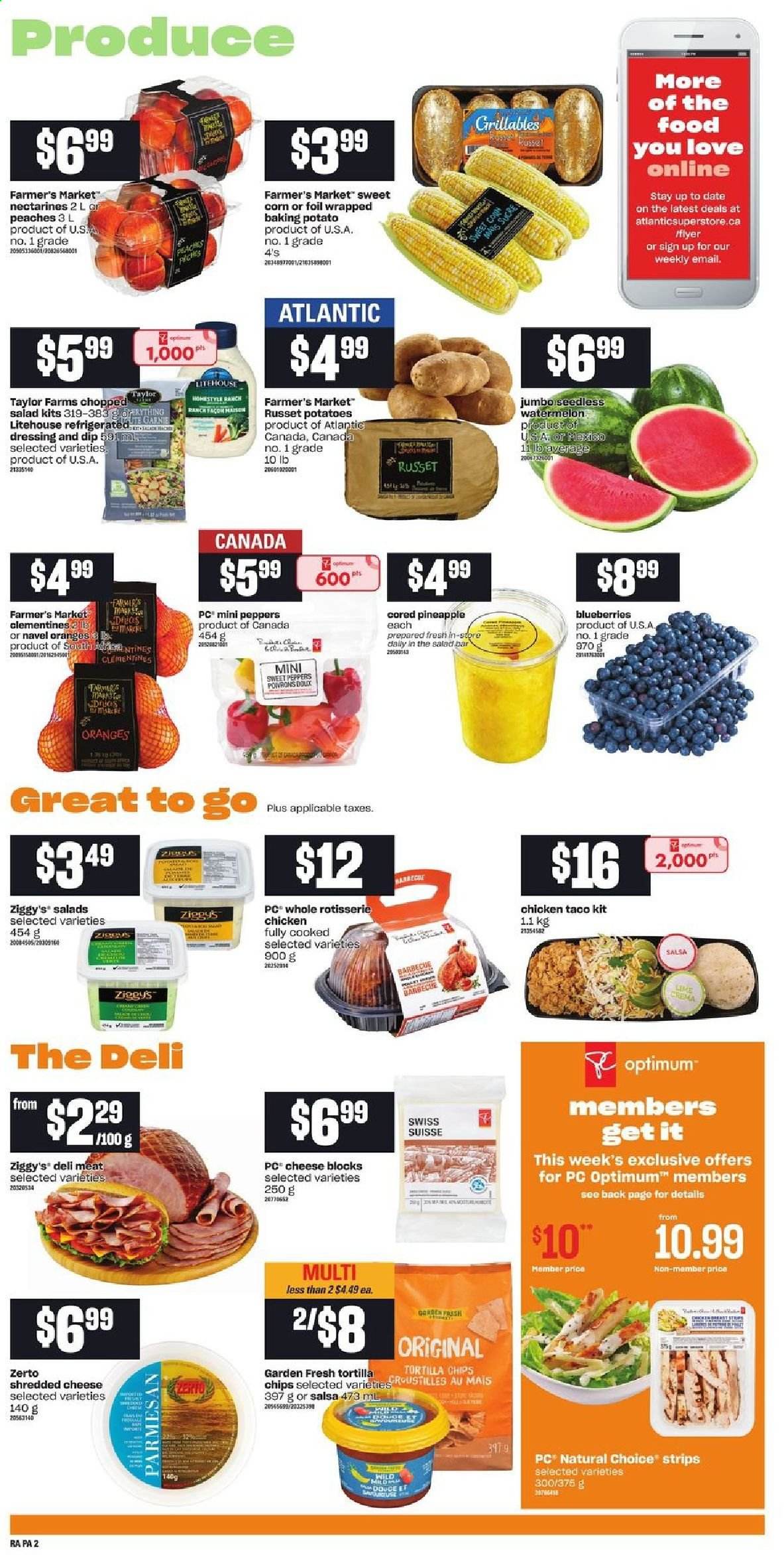 thumbnail - Atlantic Superstore Flyer - June 30, 2021 - July 07, 2021 - Sales products - corn, russet potatoes, potatoes, salad, peppers, chopped salad, blueberries, clementines, nectarines, watermelon, pineapple, peaches, navel oranges, chicken roast, shredded cheese, parmesan, dip, strips, tortilla chips, dressing, salsa, Sure, Optimum, chips. Page 3.