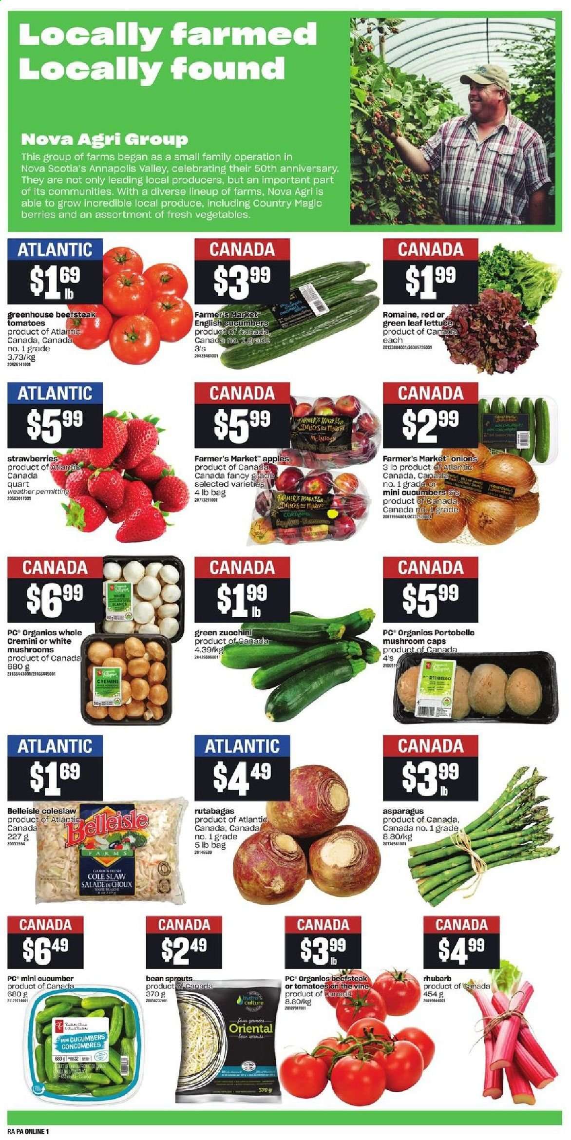 thumbnail - Atlantic Superstore Flyer - June 30, 2021 - July 07, 2021 - Sales products - portobello mushrooms, mushrooms, asparagus, rhubarb, tomatoes, zucchini, onion, lettuce, bean sprouts, apples, strawberries, coleslaw, bag. Page 4.