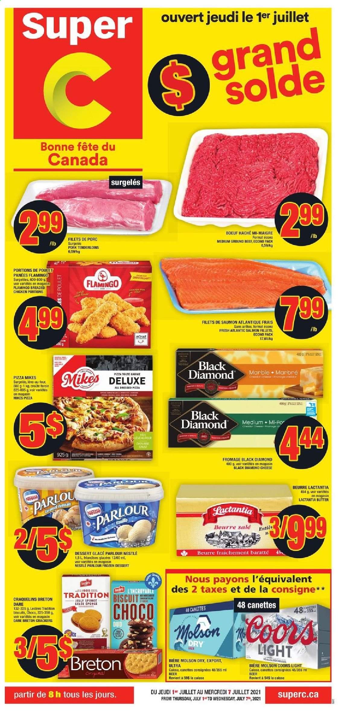 thumbnail - Super C Flyer - July 01, 2021 - July 07, 2021 - Sales products - salmon, salmon fillet, pizza, butter, jelly, crackers, biscuit, caramel, beer, Coors, beef meat, ground beef, pork tenderloin, Nestlé. Page 1.