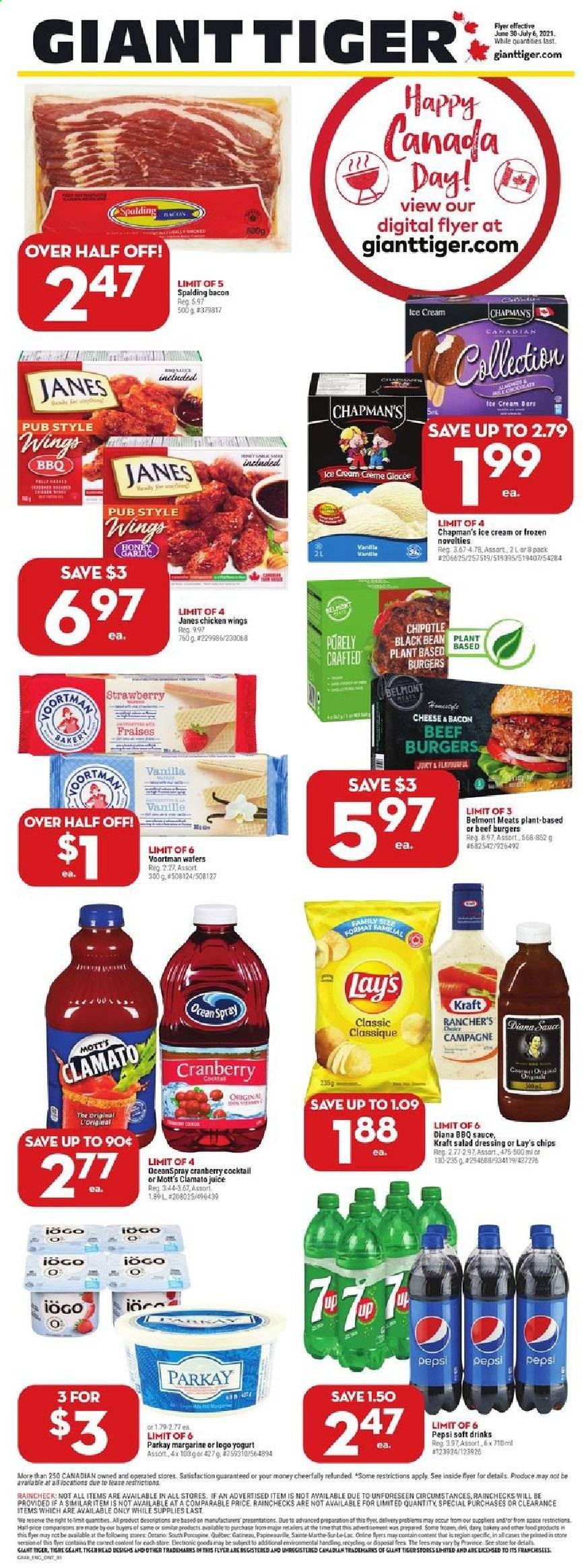 thumbnail - Giant Tiger Flyer - June 30, 2021 - July 06, 2021 - Sales products - Mott's, hamburger, beef burger, Kraft®, bacon, yoghurt, margarine, ice cream, ice cream bars, chicken wings, wafers, Lay’s, BBQ sauce, salad dressing, dressing, Pepsi, juice, Clamato, Spalding. Page 1.