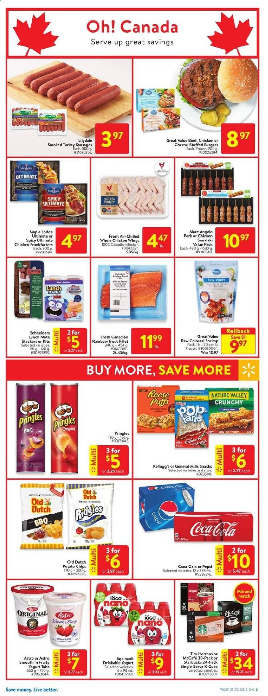 thumbnail - Walmart Flyer - July 01, 2021 - July 07, 2021 - Sales products - trout, shrimps, hamburger, sausage, yoghurt, chicken wings, snack, Kellogg's, potato chips, Pringles, Nature Valley, Coca-Cola, Pepsi, coffee capsules, Starbucks, McCafe, K-Cups, whole chicken, chicken. Page 3.