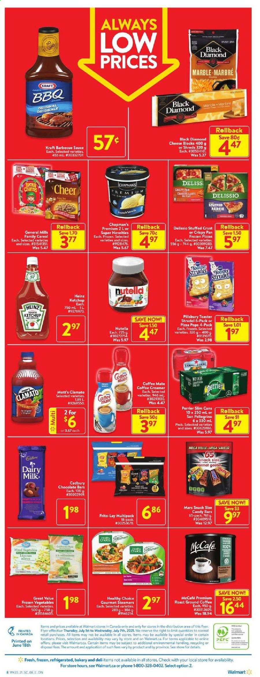 thumbnail - Circulaire Walmart - 01 Juillet 2021 - 07 Juillet 2021 - Produits soldés - pizza, San Pellegrino, Perrier, Always, Candy, toaster, ketchup, Nutella. Page 4.