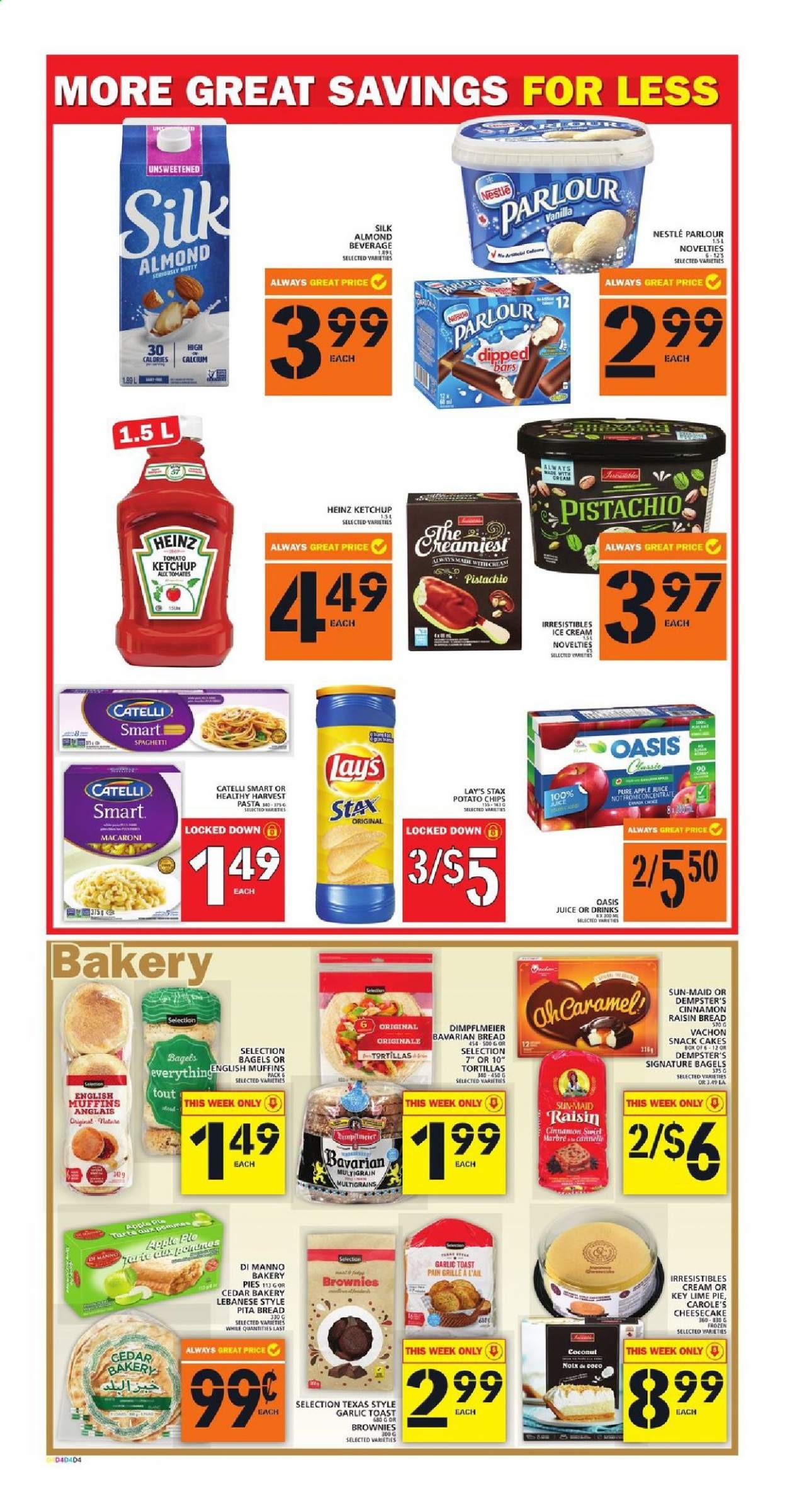 thumbnail - Food Basics Flyer - July 01, 2021 - July 07, 2021 - Sales products - bagels, bread, english muffins, tortillas, pita, cake, pie, brownies, coconut, spaghetti, macaroni, pasta, ice cream, snack, potato chips, Lay’s, Heinz, apple juice, juice, Nestlé. Page 4.
