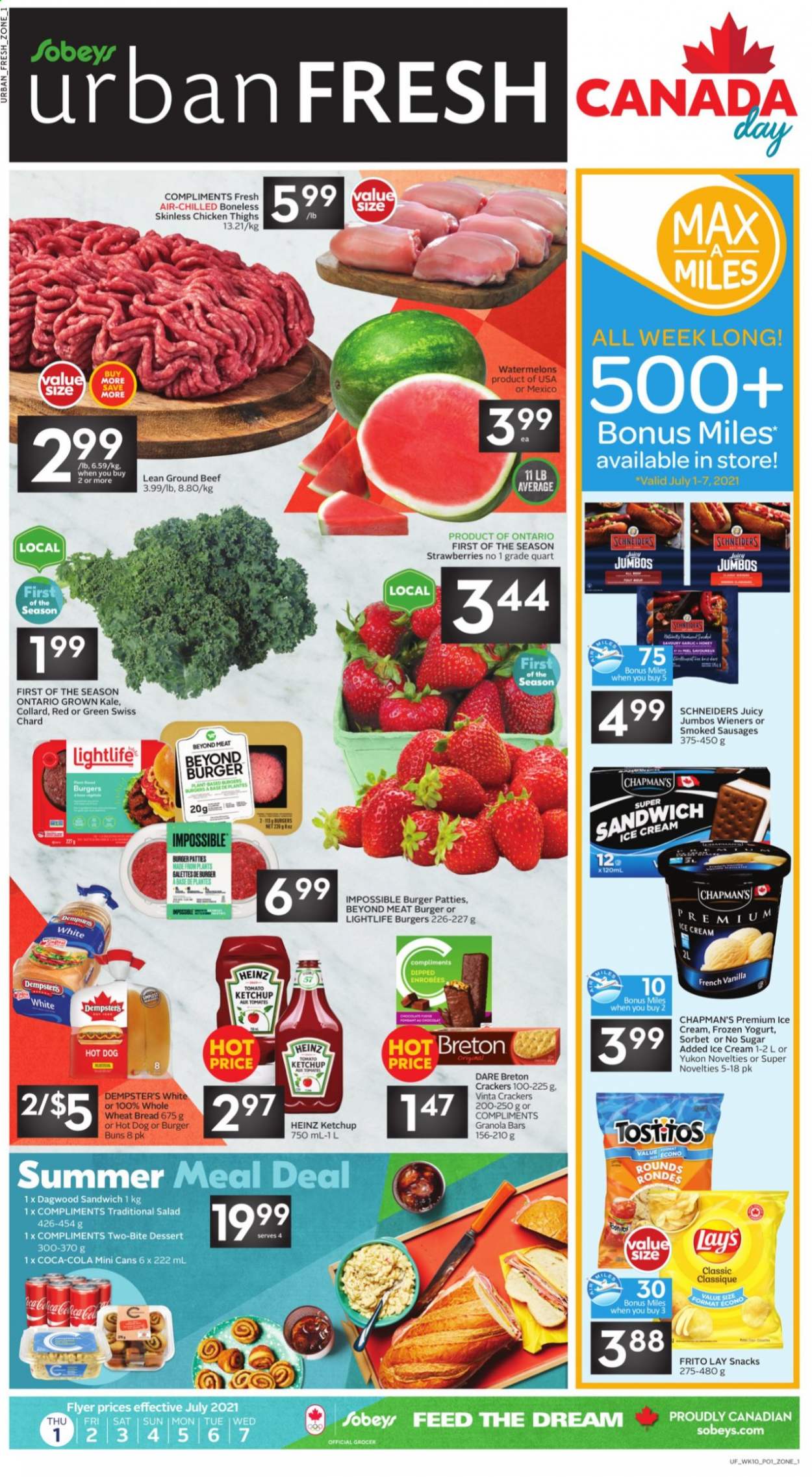 thumbnail - Sobeys Urban Fresh Flyer - July 01, 2021 - July 07, 2021 - Sales products - wheat bread, buns, burger buns, kale, strawberries, hot dog, sandwich, dagwood, sausage, yoghurt, ice cream, snack, crackers, Lay’s, Heinz, granola bar, Coca-Cola, tea, chicken thighs, chicken, beef meat, ground beef, burger patties. Page 1.