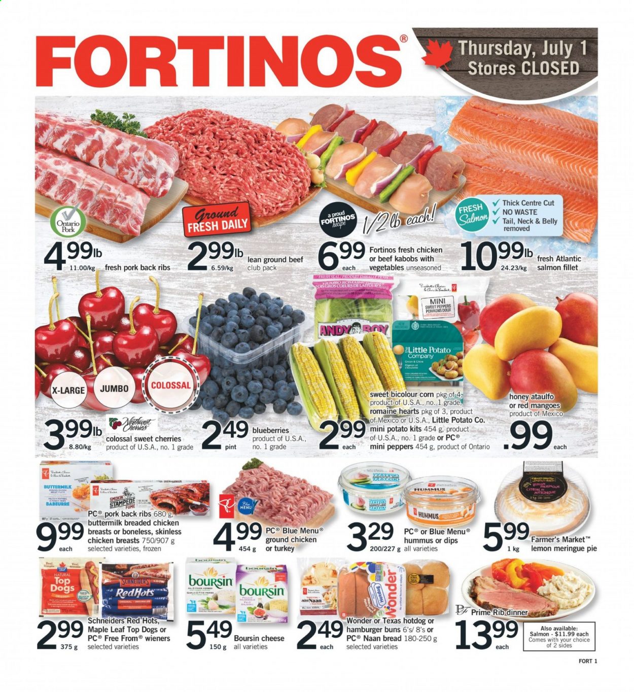 thumbnail - Fortinos Flyer - July 01, 2021 - July 07, 2021 - Sales products - bread, hot dog rolls, pie, buns, burger buns, corn, sweet peppers, peppers, blueberries, mango, cherries, salmon, salmon fillet, hot dog, fried chicken, tzatziki, hummus, cheese, buttermilk, honey, ground chicken, chicken, beef meat, ground beef, pork meat, pork ribs, pork back ribs. Page 1.