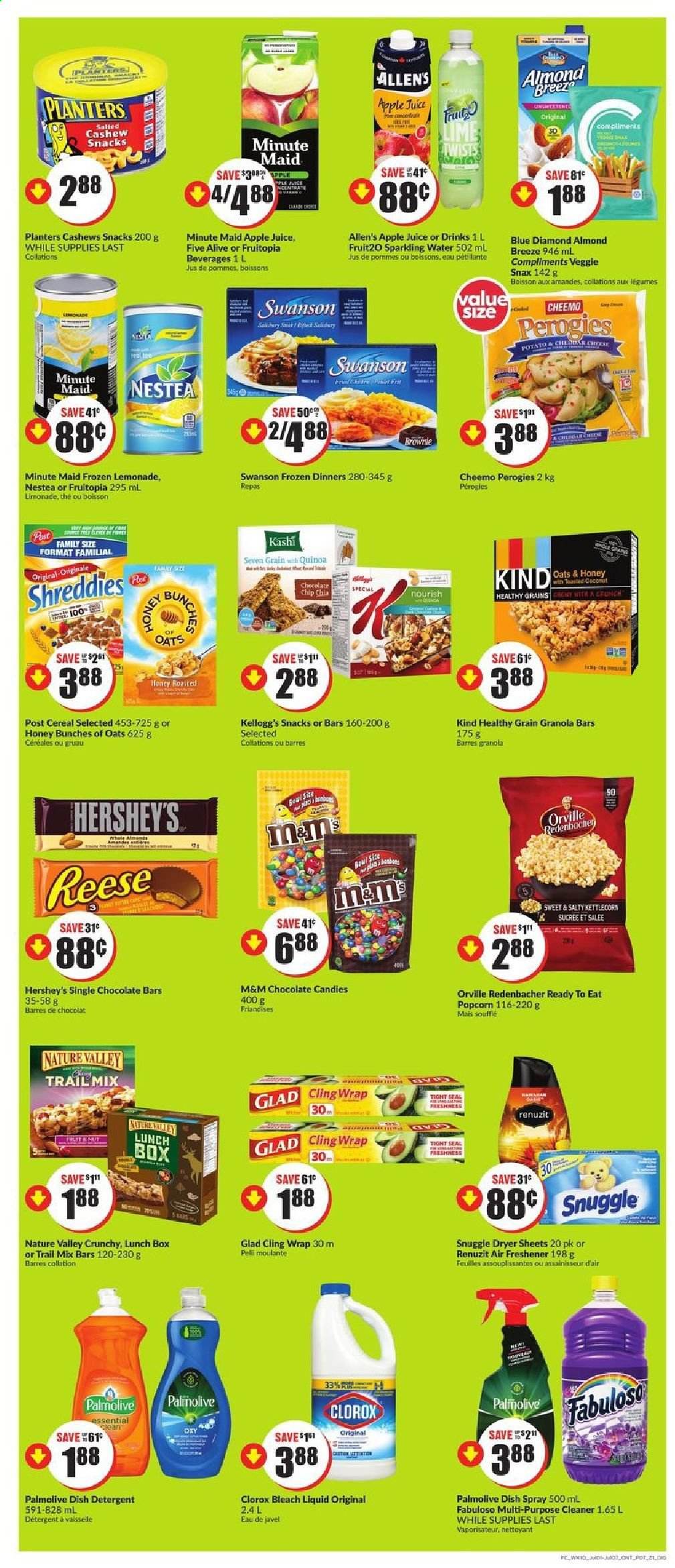 thumbnail - FreshCo. Flyer - July 01, 2021 - July 07, 2021 - Sales products - cheddar, cheese, Almond Breeze, Hershey's, chocolate chips, snack, Kellogg's, chocolate candies, chocolate bar, popcorn, cereals, granola bar, Nature Valley, cashews, Planters, Blue Diamond, trail mix, apple juice, juice, fruit punch, sparkling water, quinoa, M&M's. Page 7.