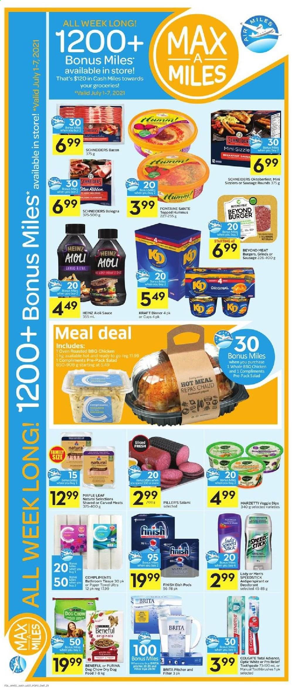 thumbnail - Foodland Flyer - July 01, 2021 - July 07, 2021 - Sales products - salad, hamburger, sauce, Kraft®, bacon, salami, bologna sausage, sausage, hummus, Heinz, deodorant. Page 3.