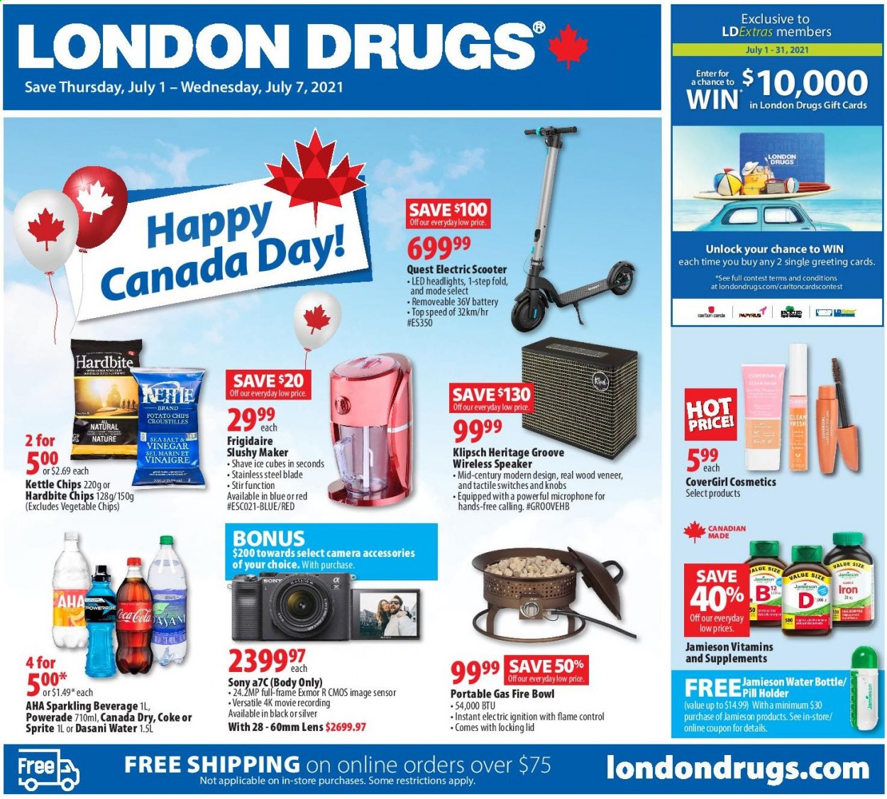 thumbnail - Circulaire London Drugs - 01 Juillet 2021 - 07 Juillet 2021 - Produits soldés - Sony, chips, vinaigre, Coca-Cola, sel, caméra. Page 1.