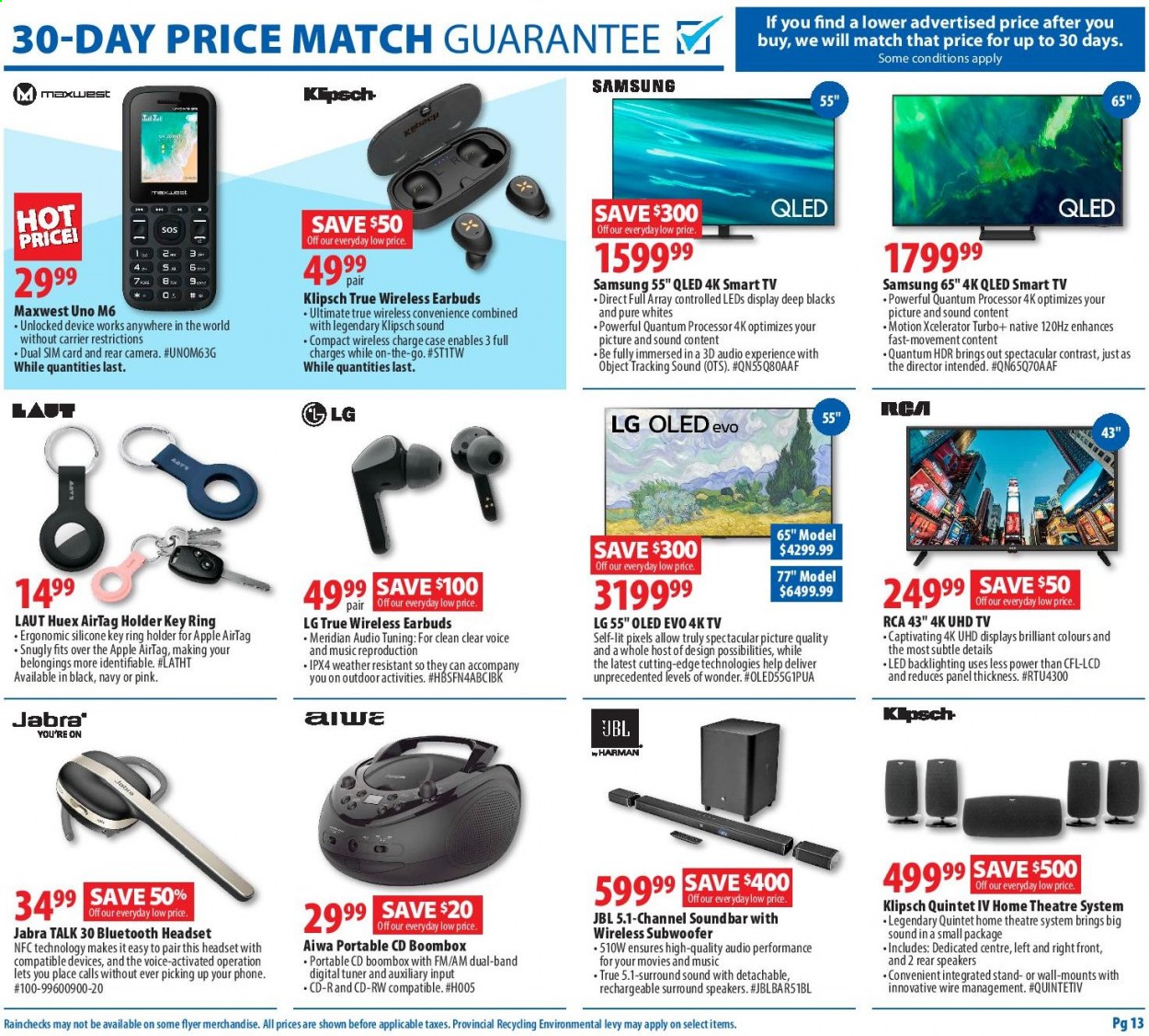 thumbnail - London Drugs Flyer - July 01, 2021 - July 07, 2021 - Sales products - TRULY, Samsung, RCA, 4K UHD TV, UHD TV, TV, home theater, speaker, subwoofer, wireless subwoofer, sound bar, headset, Jabra, earbuds, LG, smart tv. Page 13.