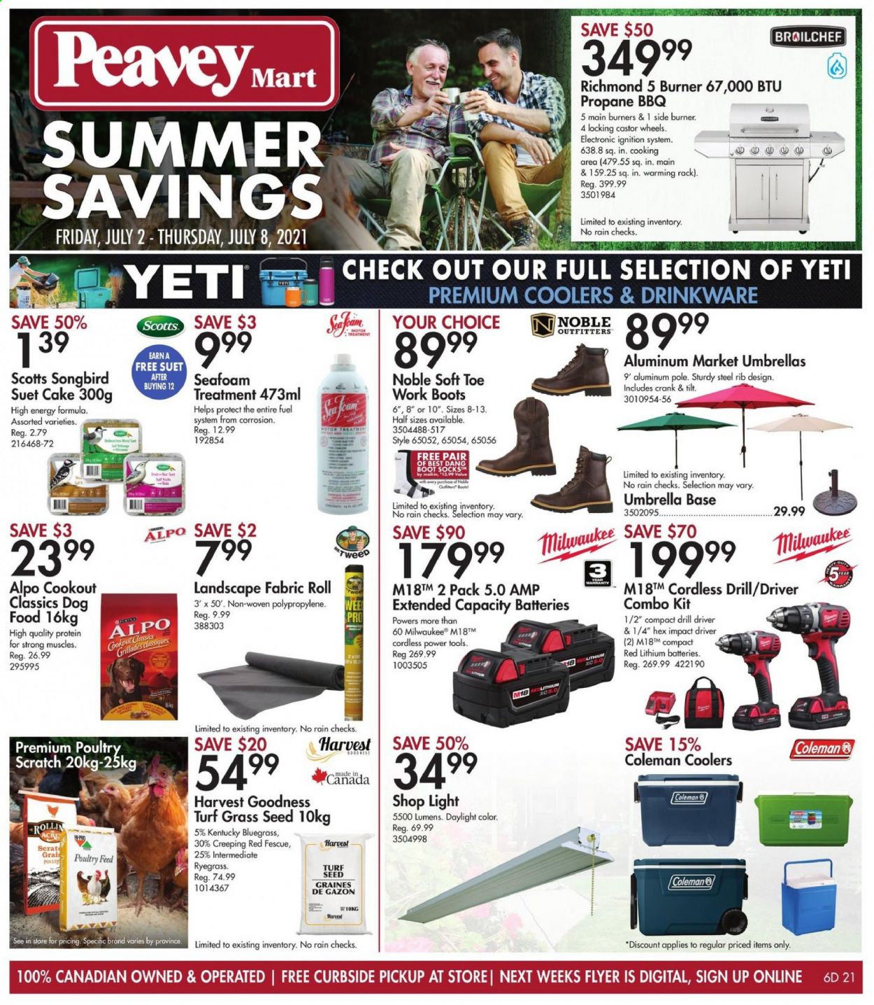 thumbnail - Peavey Mart Flyer - July 02, 2021 - July 08, 2021 - Sales products - drinkware, animal food, dog food, suet, plant seeds, Alpo, umbrella, boots, Coleman, shop light, Milwaukee, impact driver, power tools, combo kit, grass seed. Page 1.