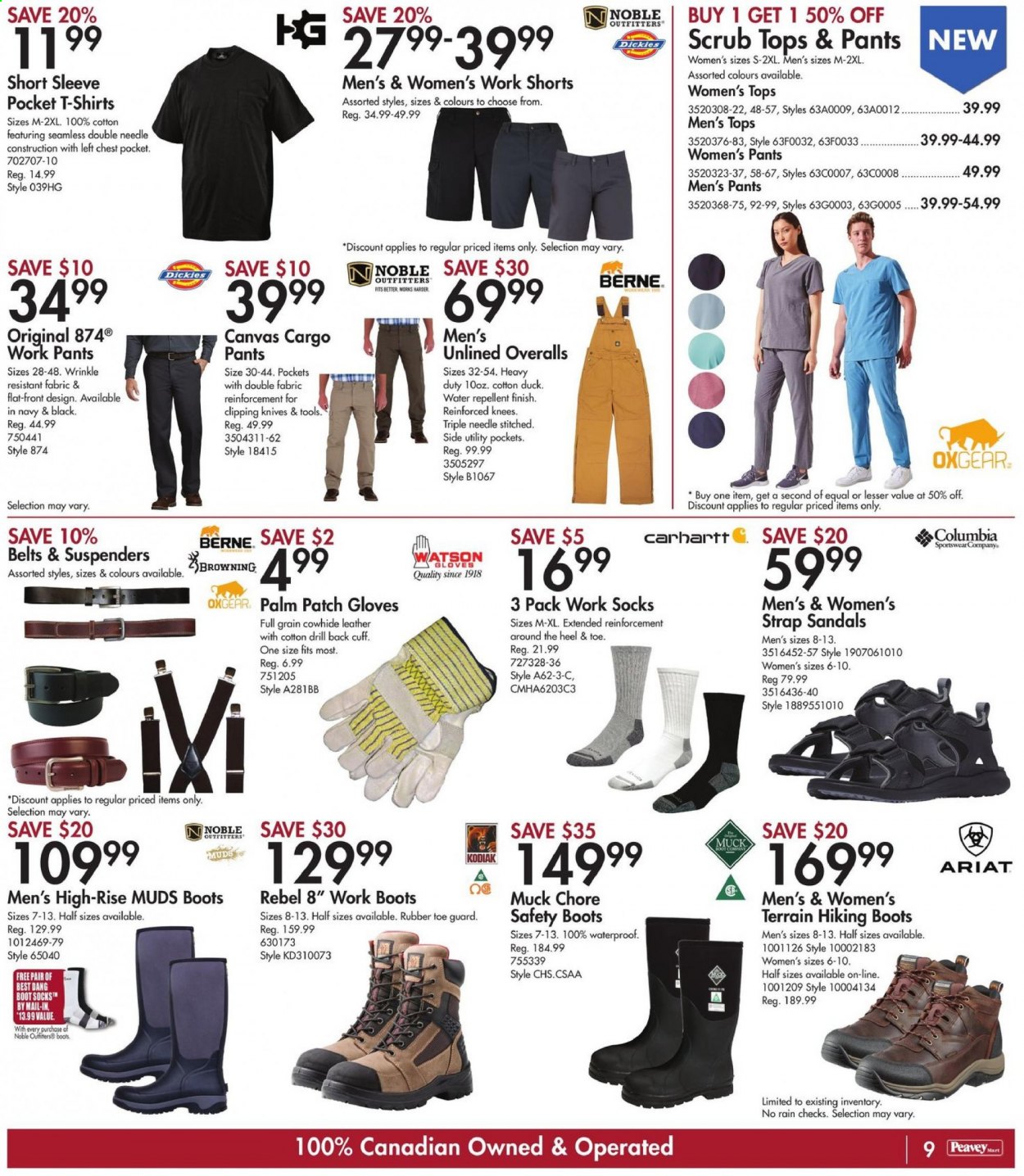 thumbnail - Peavey Mart Flyer - July 02, 2021 - July 08, 2021 - Sales products - gloves, knife, eraser, canvas, Columbia, cargo pants, pants, t-shirt, tops, socks, boots, sandals, Dickies, work socks, strap, shorts. Page 9.