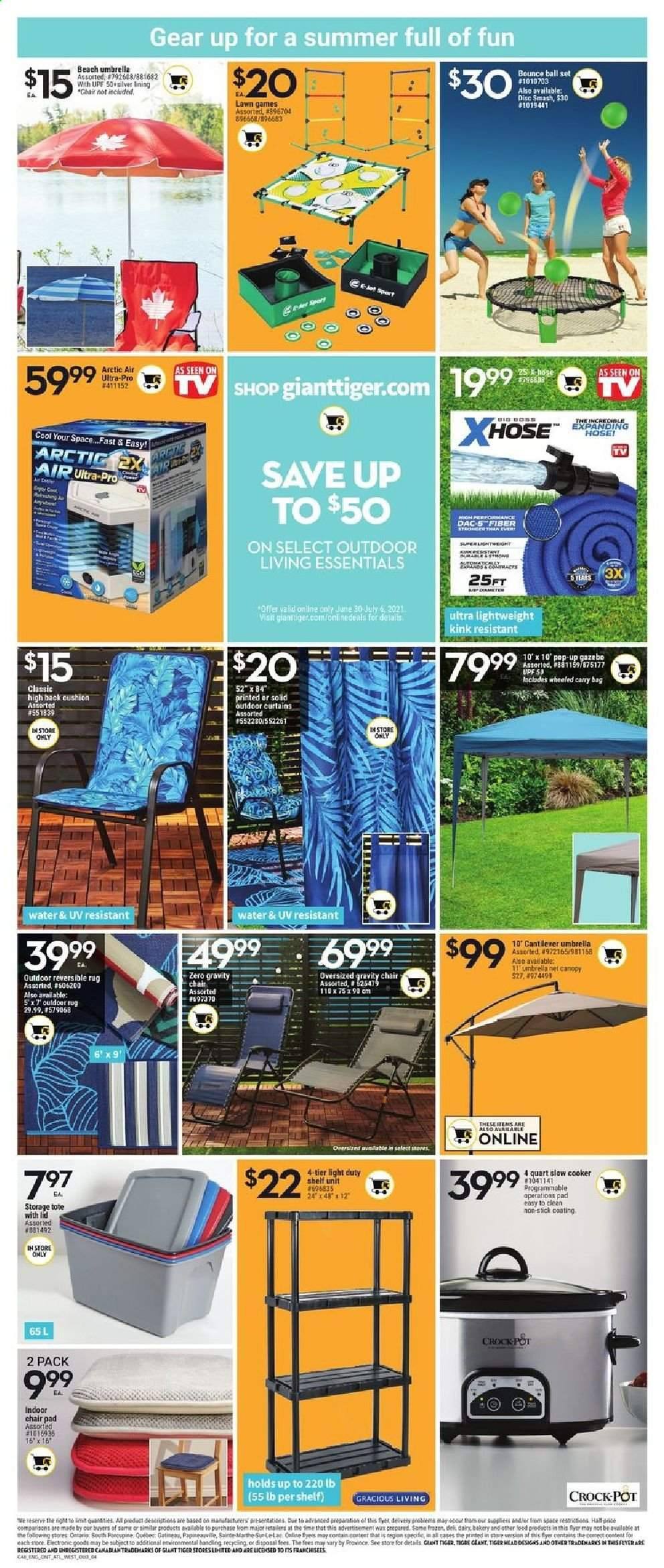 thumbnail - Giant Tiger Flyer - June 30, 2021 - July 06, 2021 - Sales products - DAC, pot, chair pad, cushion, curtain, TV, slow cooker, CrockPot, chair, shelf unit, carry bag, umbrella, rug, storage tote, gazebo, beach umbrella. Page 9.