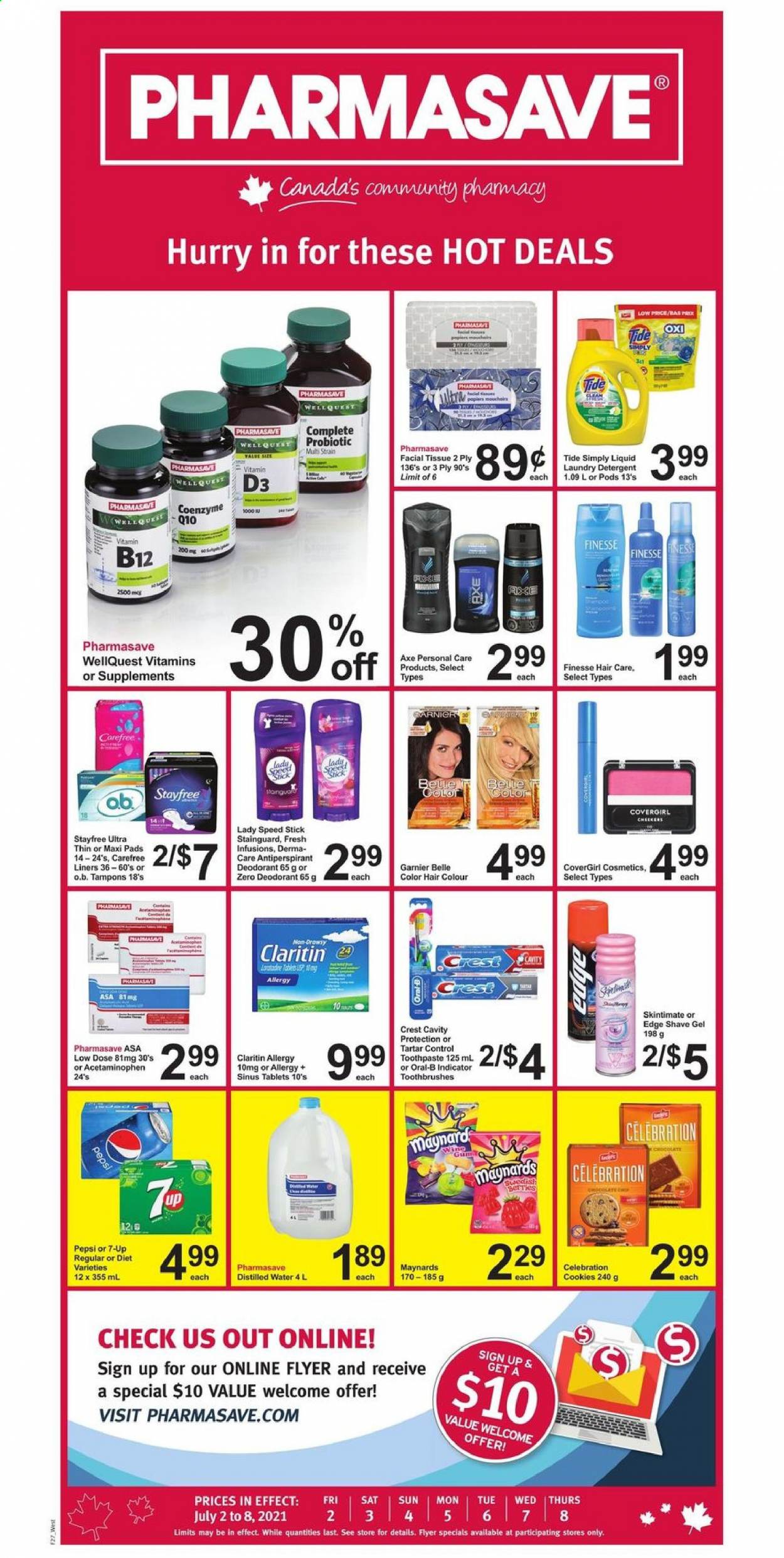 thumbnail - Pharmasave Flyer - July 02, 2021 - July 08, 2021 - Sales products - cookies, Celebration, Pepsi, 7UP, L'Or, tissues, Tide, laundry detergent, toothpaste, Crest, Stayfree, sanitary pads, Carefree, tampons, hair color, anti-perspirant, Speed Stick, shave gel, vitamin D3, Low Dose, Garnier, Oral-B, deodorant. Page 1.