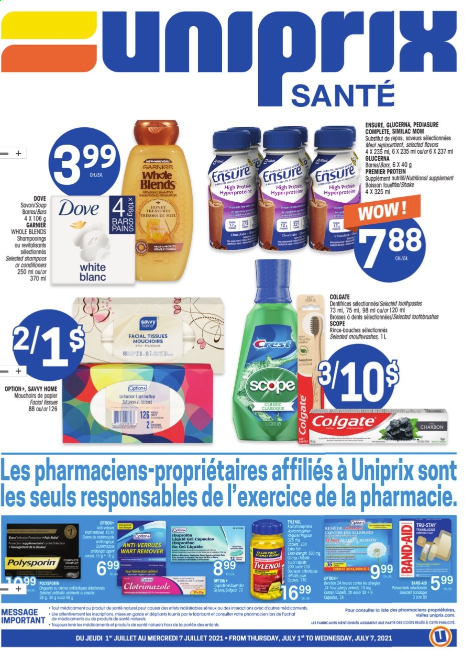 thumbnail - Circulaire Uniprix Santé - 01 Juillet 2021 - 07 Juillet 2021 - Produits soldés - mouchoirs, Colgate, Dove, Garnier. Page 1.