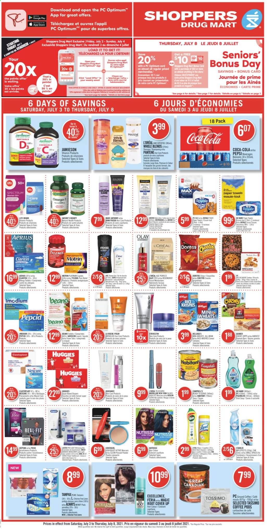 thumbnail - Shoppers Drug Mart Flyer - July 03, 2021 - July 08, 2021 - Sales products - snack, Doritos, Cheetos, oatmeal, soup, granola bar, Rice Krispies, Quaker, All-Bran, Coca-Cola, Pepsi, coffee pods, ground coffee, nappies, tissues, kitchen towels, paper towels, shower gel, Palmolive, soap, Crest, tampons, Always Infinity, facial tissues, L’Oréal, La Roche-Posay, Olay, Revlon, hair color, John Frieda, lipstick, face powder, pain relief, Melatonin, Nature's Bounty, Tylenol, Pepcid, Omega-3, zinc, Spectrum, Gaviscon, Motrin, mascara, Maybelline, shampoo, Tampax, Huggies, Pantene, chips. Page 1.