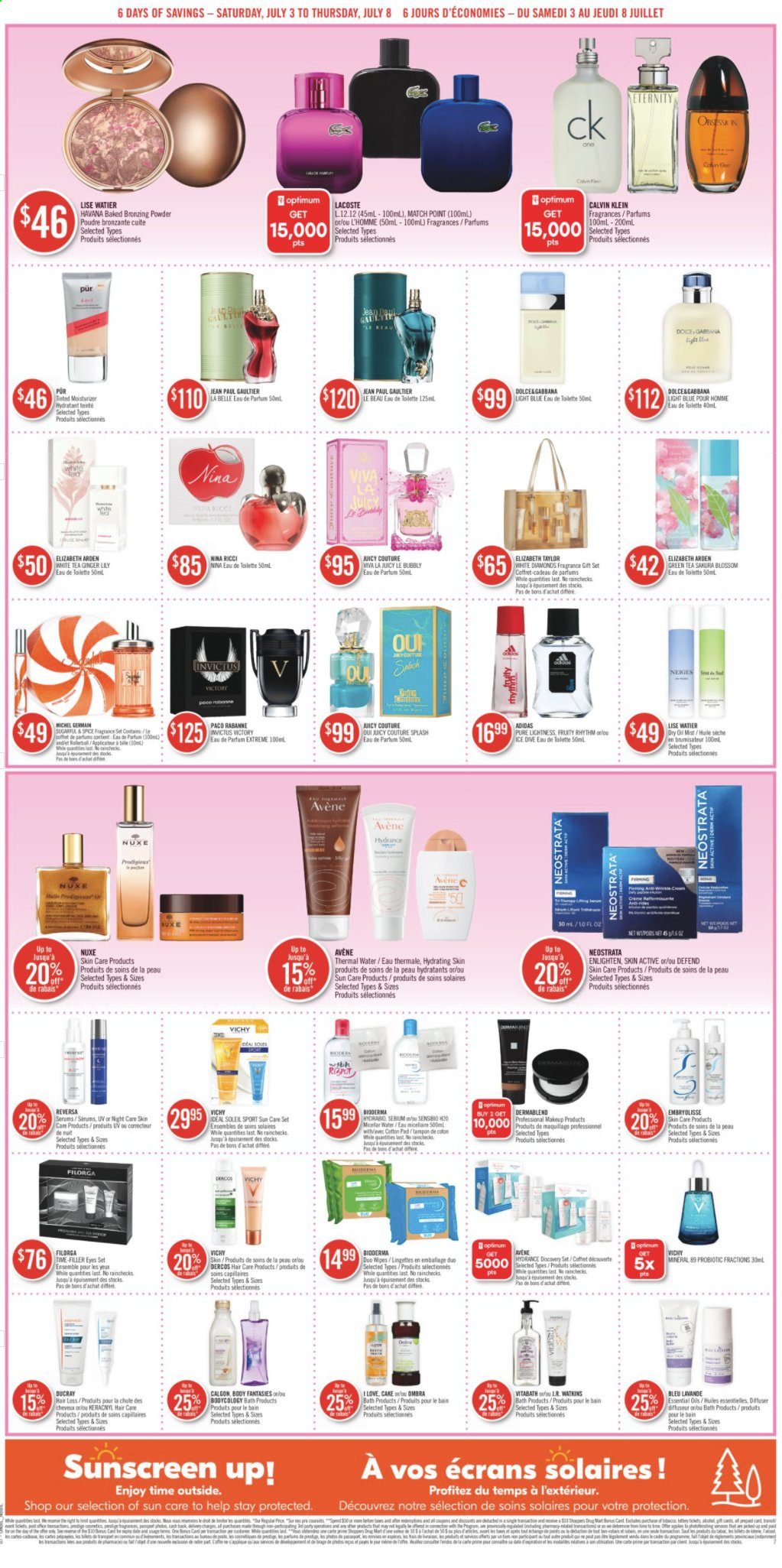 thumbnail - Shoppers Drug Mart Flyer - July 03, 2021 - July 08, 2021 - Sales products - cake, ginger, spice, green tea, tea, wipes, Vichy, Paco Rabanne, Dolce & Gabbana, fragrance, makeup, bronzing powder, Lacoste. Page 9.