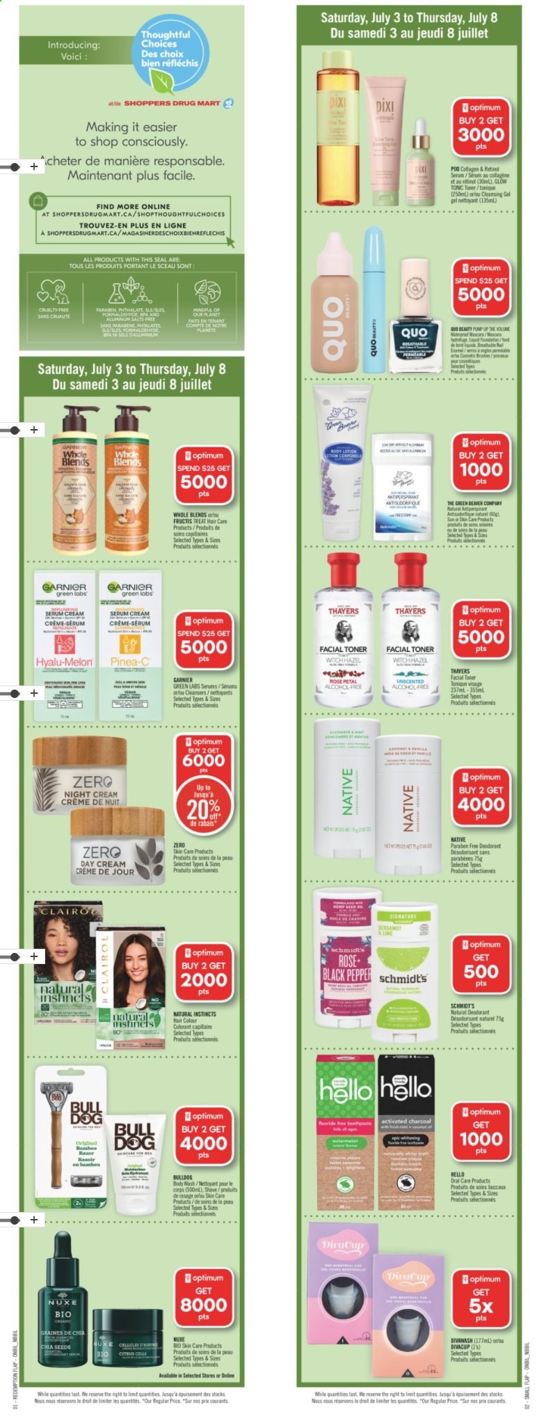 thumbnail - Shoppers Drug Mart Flyer - July 03, 2021 - July 08, 2021 - Sales products - chia seeds, black pepper, body wash, toothpaste, day cream, serum, night cream, glow tonic, Clairol, hair color, Fructis, anti-perspirant, activated charcoal, Garnier, deodorant. Page 16.