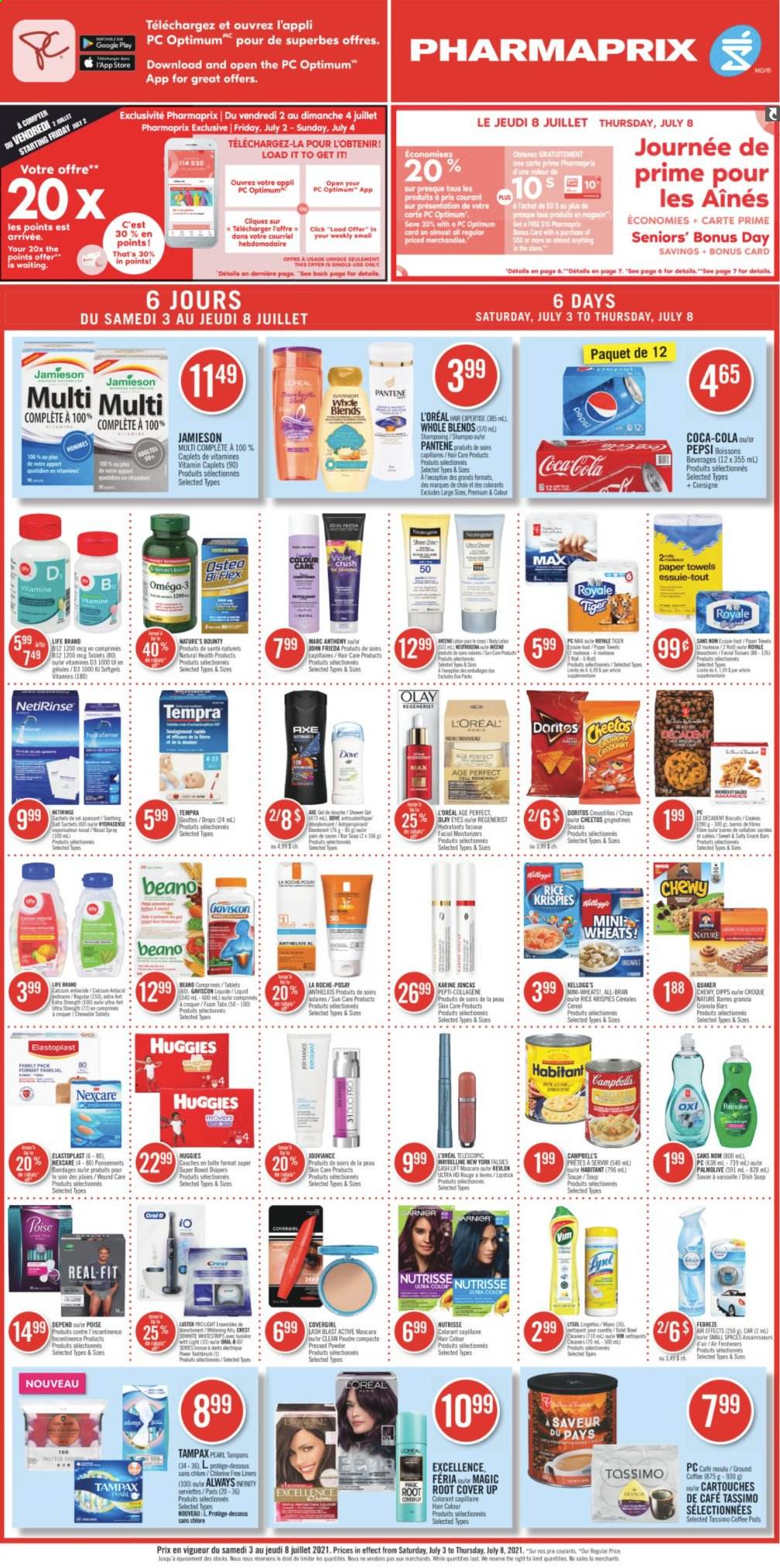 thumbnail - Pharmaprix Flyer - July 03, 2021 - July 08, 2021 - Sales products - Campbell's, soup, Quaker, Doritos, Cheetos, cereals, granola bar, Rice Krispies, All-Bran, Coca-Cola, Pepsi, coffee pods, ground coffee, nappies, kitchen towels, paper towels, Febreze, Lysol, shower gel, Palmolive, soap, Crest, tampons, L’Oréal, La Roche-Posay, moisturizer, Olay, Revlon, hair color, John Frieda, lipstick, face powder, UHD TV, ultra hd, Nature's Bounty, Omega-3, Gaviscon, vitamin D3, nasal spray, Garnier, mascara, Maybelline, Tampax, Huggies, Pantene, chips. Page 1.