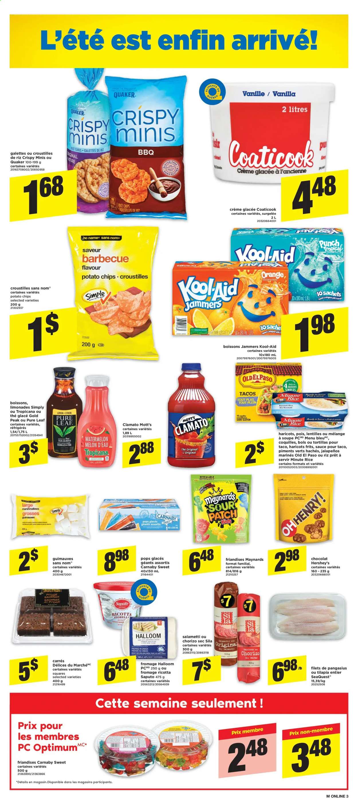 thumbnail - Maxi Flyer - July 08, 2021 - July 14, 2021 - Sales products - tortillas, Old El Paso, tacos, brownies, watermelon, melons, Mott's, tilapia, pangasius, sauce, Quaker, cheese, Hershey's, fudge, marshmallows, Sour Patch, potato chips, basmati rice, Clamato, tea, Pure Leaf, punch, ricotta, chorizo, chips. Page 8.