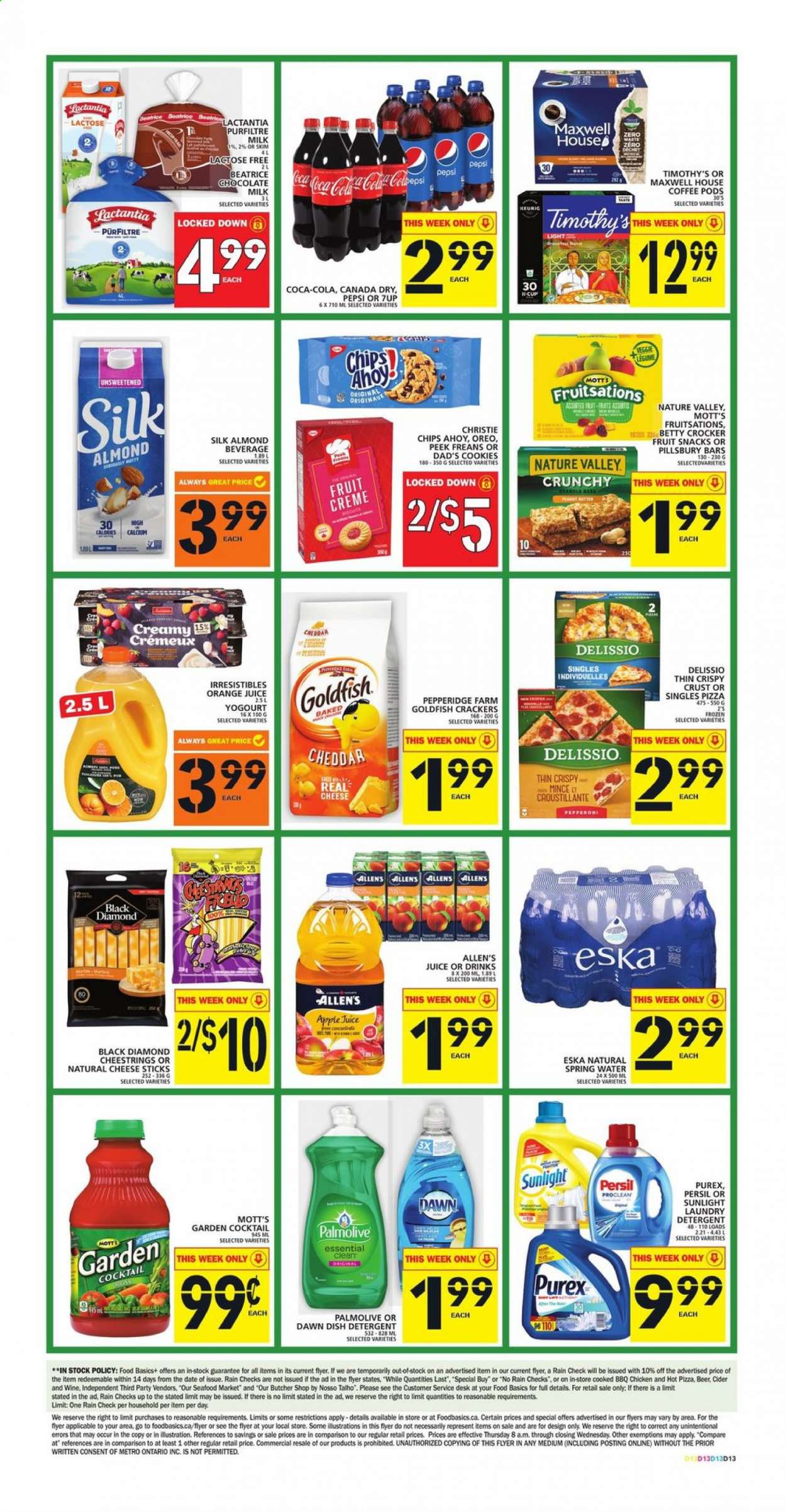 thumbnail - Food Basics Flyer - July 08, 2021 - July 14, 2021 - Sales products - Mott's, seafood, pizza, Pillsbury, string cheese, Oreo, milk, cheese sticks, cookies, milk chocolate, chocolate, crackers, fruit snack, Goldfish, Nature Valley, apple juice, Canada Dry, Coca-Cola, Pepsi, orange juice, juice, 7UP, spring water, Maxwell House, coffee pods, wine, cider, beer, Persil, laundry detergent, Sunlight, Purex, Palmolive. Page 5.