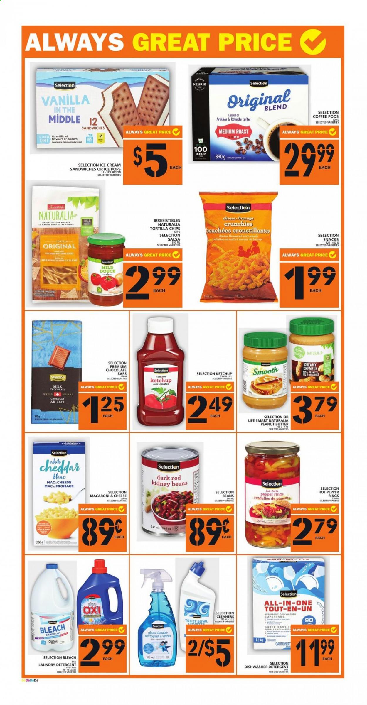 thumbnail - Food Basics Flyer - July 08, 2021 - July 14, 2021 - Sales products - corn, macaroni & cheese, sandwich, milk, ice cream, snack, tortilla chips, kidney beans, salsa, peanut butter, peanuts, coffee pods, coffee capsules, K-Cups, Keurig, cleaner, bleach, glass cleaner, laundry detergent, desinfection. Page 8.