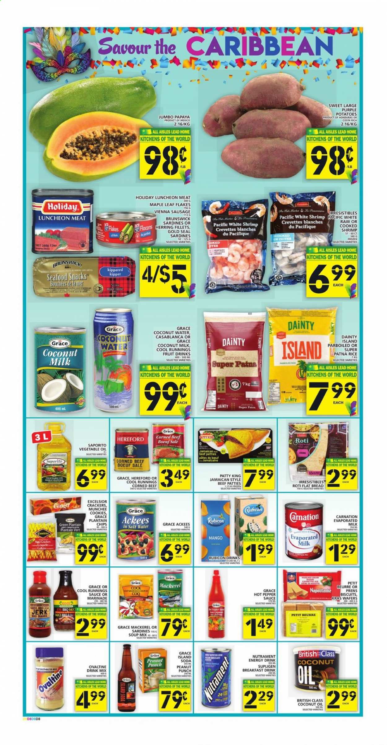 thumbnail - Food Basics Flyer - July 08, 2021 - July 14, 2021 - Sales products - bread, roti, potatoes, soup mix, snack, papaya, mackerel, sardines, herring, shrimps, soup, sauce, burger patties, ham, sausage, vienna sausage, lunch meat, corned beef, evaporated milk, plant-based milk, cookies, wafers, crackers, biscuit, coconut milk, canned fruit, canned fish, canned meat, BBQ sauce, marinade, coconut oil, vegetable oil, energy drink, fruit drink, soda, powder drink, marker. Page 10.