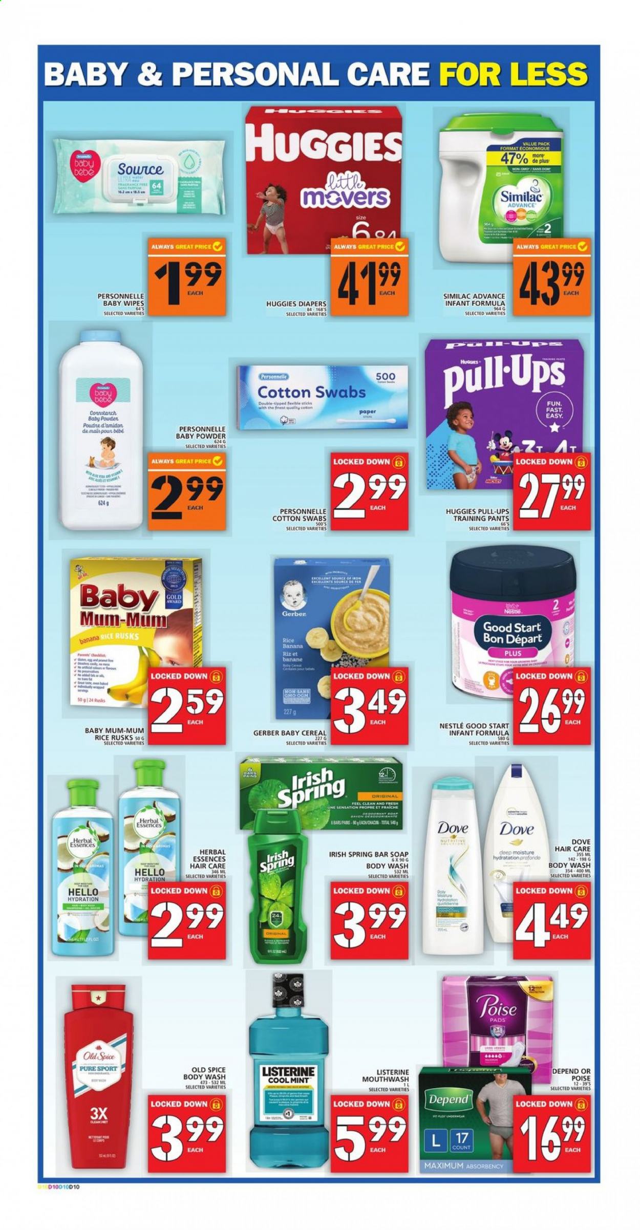thumbnail - Food Basics Flyer - July 08, 2021 - July 14, 2021 - Sales products - rusks, Gerber, cereals, spice, Similac, wipes, pants, baby wipes, nappies, baby pants, baby powder, body wash, soap bar, soap, mouthwash, Herbal Essences, Mum, paper, Nestlé, Listerine, Huggies, Old Spice. Page 12.