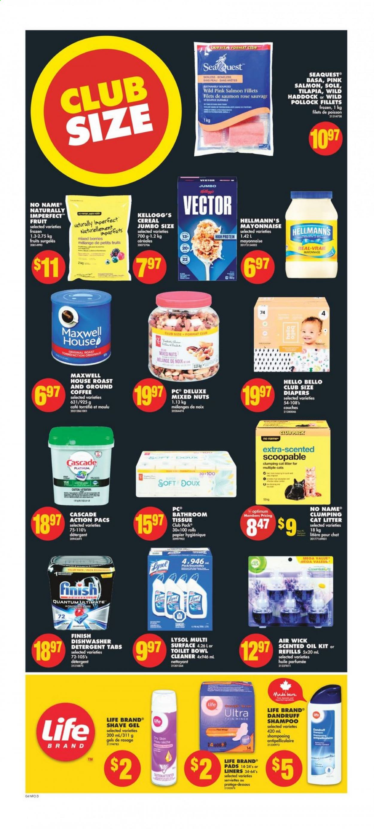 thumbnail - No Frills Flyer - July 08, 2021 - July 14, 2021 - Sales products - salmon, salmon fillet, tilapia, haddock, pollock, No Name, mayonnaise, Hellmann’s, Kellogg's, cereals, oil, mixed nuts, Maxwell House, coffee, ground coffee, L'Or, wine, rosé wine, nappies, bath tissue, cleaner, Lysol, Cascade, Finish Powerball, Finish Quantum Ultimate, shave gel, Air Wick, scented oil, cat litter, Optimum, shampoo. Page 5.