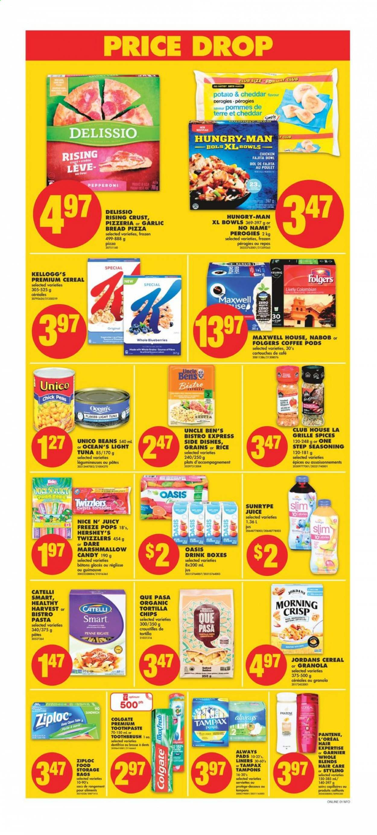 thumbnail - No Frills Flyer - July 08, 2021 - July 14, 2021 - Sales products - bread, peas, blueberries, tuna, No Name, pizza, sandwich, pasta, fajita, pepperoni, Hershey's, marshmallows, Kellogg's, tortilla chips, light tuna, Uncle Ben's, cereals, rice, penne, spice, juice, Maxwell House, coffee pods, Folgers, toothbrush, toothpaste, Always pads, tampons, L’Oréal, bag, Ziploc, storage bag, cup, bowl, Optimum, Garnier, granola, Tampax, Pantene. Page 6.