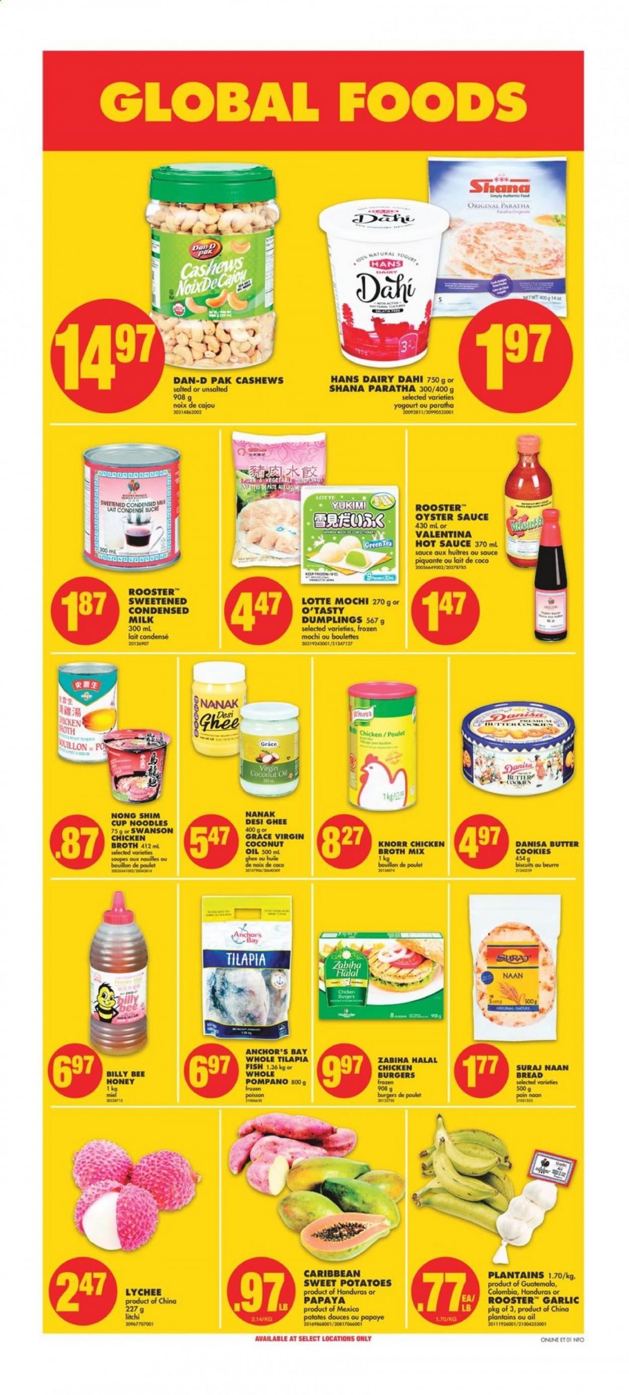 thumbnail - No Frills Flyer - July 08, 2021 - July 14, 2021 - Sales products - bread, garlic, sweet potato, potatoes, lychee, plantains, papaya, tilapia, oysters, pompano, fish, hamburger, sauce, dumplings, noodles cup, noodles, milk, condensed milk, butter, ghee, Anchor, biscuit, bouillon, chicken broth, broth, Dan-D Pak, hot sauce, oyster sauce, coconut oil, oil, honey, cashews, green tea, tea, Billy, Knorr. Page 10.