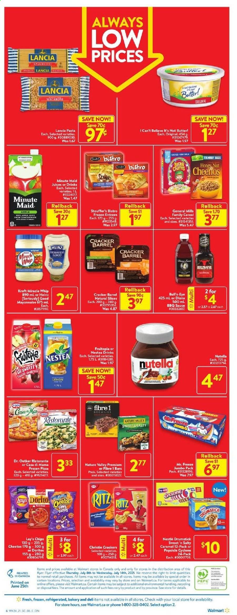 thumbnail - Walmart Flyer - July 08, 2021 - July 14, 2021 - Sales products - brownies, pizza, pasta, sauce, Kraft®, Dr. Oetker, butter, I Can't Believe It's Not Butter, mayonnaise, Miracle Whip, Stouffer's, crackers, RITZ, Doritos, Cheetos, Lay’s, Heinz, cereals, Nature Valley, BBQ sauce, caramel, apple juice, juice, fruit punch, Paws, Nestlé, Nutella. Page 3.