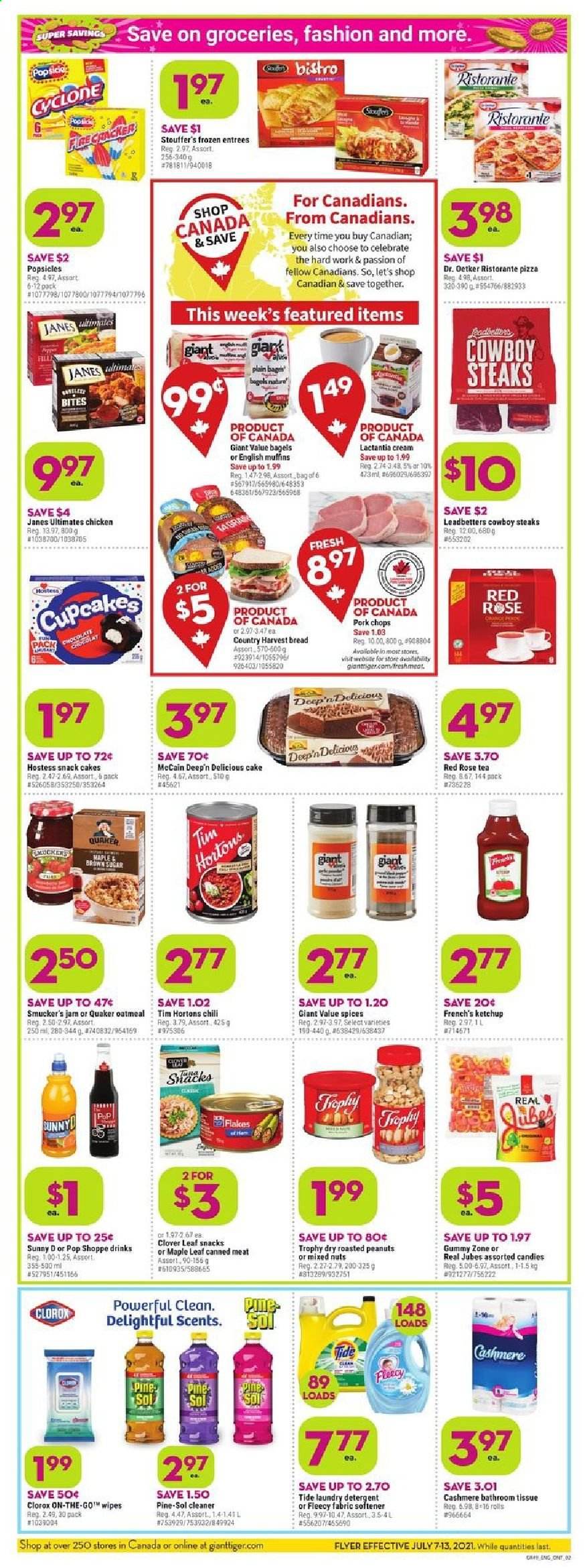 thumbnail - Giant Tiger Flyer - July 07, 2021 - July 13, 2021 - Sales products - bagels, bread, english muffins, cake, cupcake, pizza, Quaker, ham, Dr. Oetker, Clover, Country Harvest, Stouffer's, snack, fruit jam, roasted peanuts, peanuts, mixed nuts, tea, wine, rosé wine, pork chops, pork meat, wipes, bath tissue, cleaner, Clorox, Pine-Sol, Tide, fabric softener, laundry detergent, trophy cup, rose, steak. Page 2.