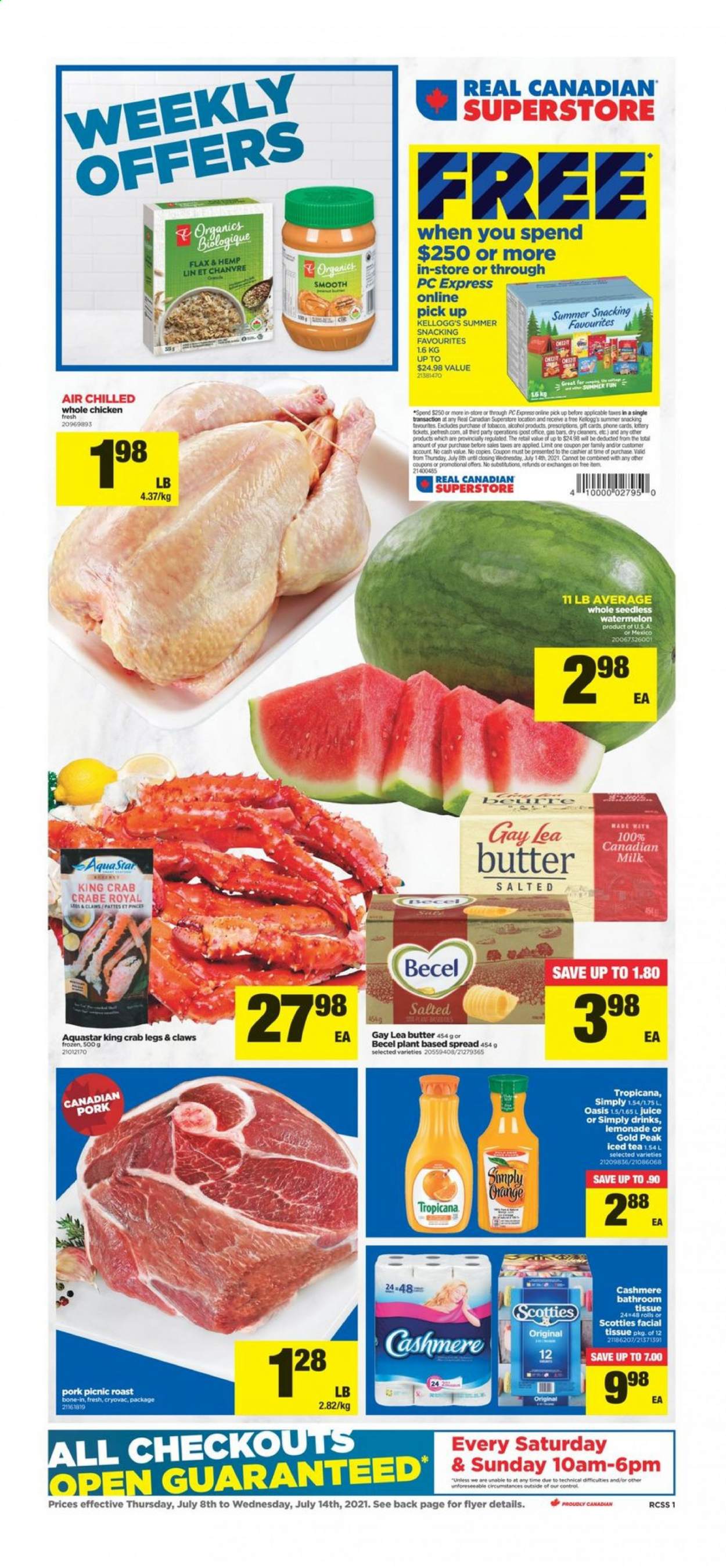 thumbnail - Real Canadian Superstore Flyer - July 08, 2021 - July 14, 2021 - Sales products - watermelon, king crab, crab legs, crab, milk, butter, Kellogg's, lemonade, juice, ice tea, alcohol, whole chicken, chicken, bath tissue, phone. Page 1.