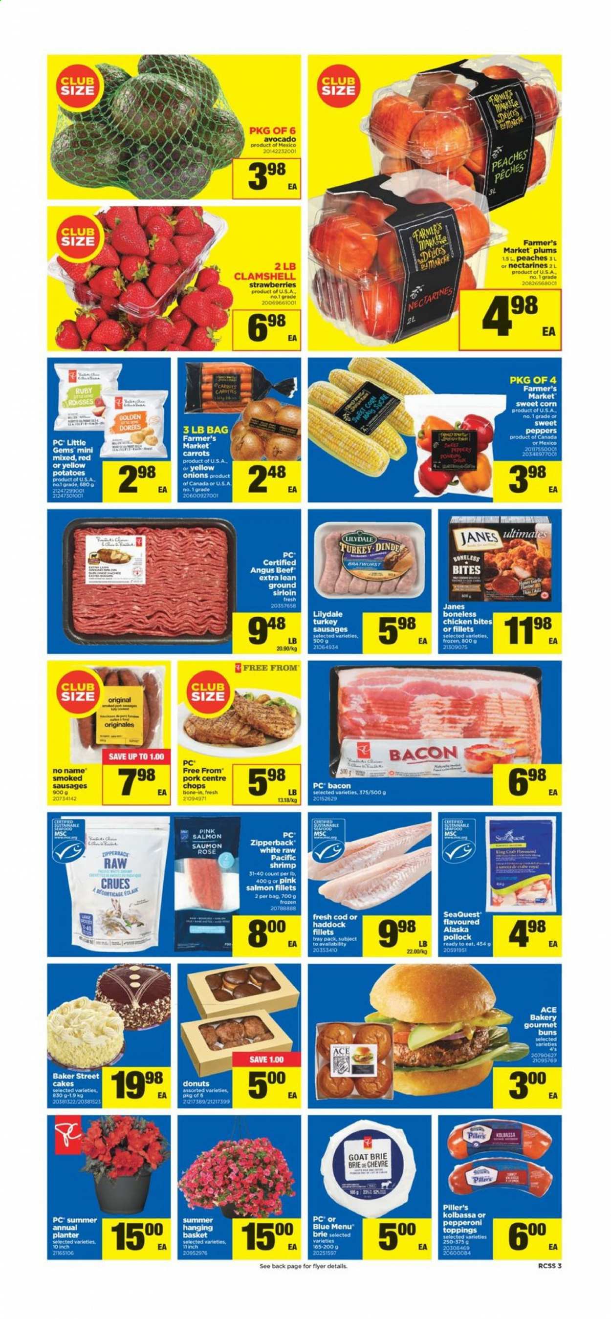 thumbnail - Real Canadian Superstore Flyer - July 08, 2021 - July 14, 2021 - Sales products - cake, buns, ACE Bakery, donut, carrots, corn, potatoes, onion, sweet corn, avocado, nectarines, strawberries, plums, peaches, cod, salmon, salmon fillet, haddock, king crab, pollock, seafood, crab, shrimps, No Name, bacon, bratwurst, sausage, pepperoni, brie, chicken bites, wine, rosé wine, beef meat, rose. Page 3.