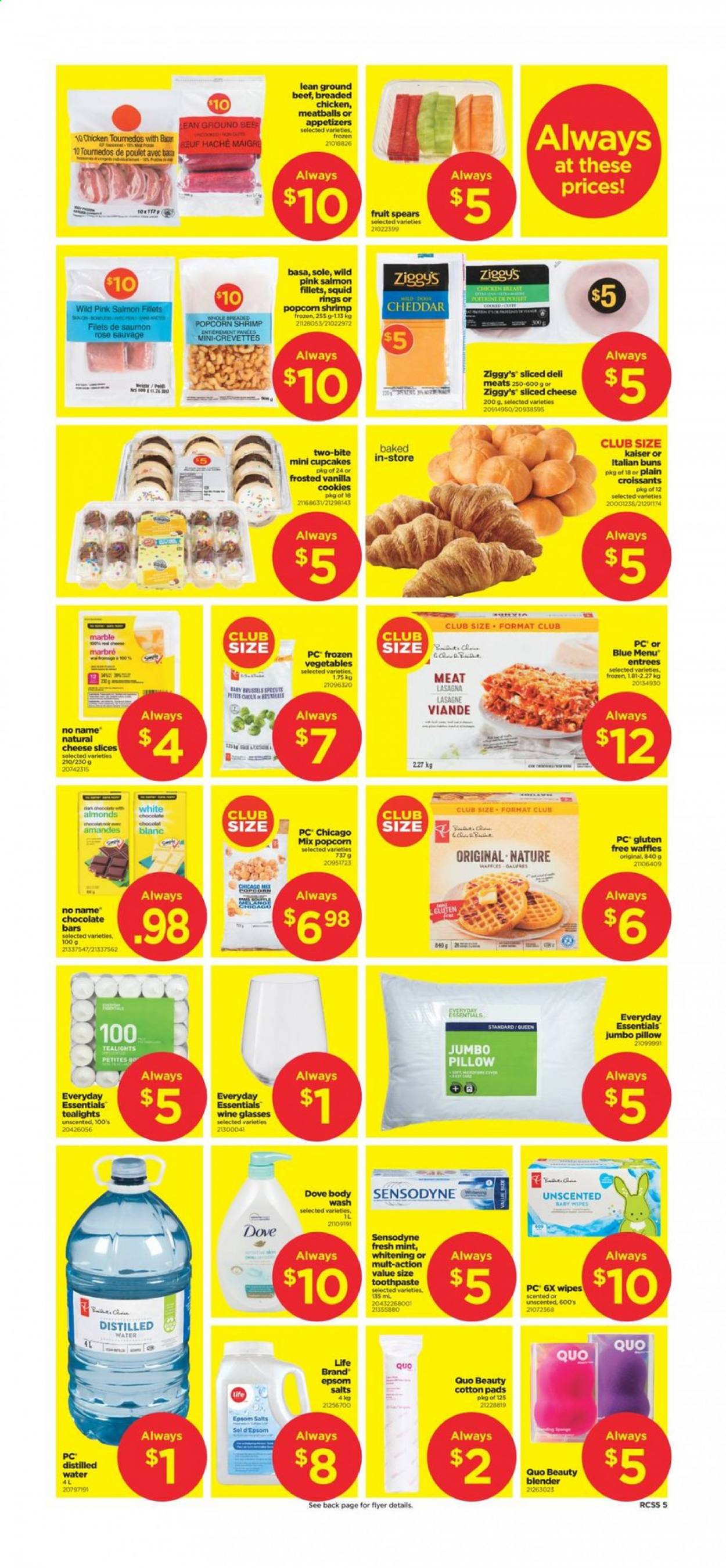 thumbnail - Real Canadian Superstore Flyer - July 08, 2021 - July 14, 2021 - Sales products - croissant, buns, cupcake, waffles, salmon, salmon fillet, squid, shrimps, No Name, meatballs, lasagna meal, sliced cheese, cheddar, cheese, frozen vegetables, cookies, white chocolate, chocolate bar, almonds, wine, rosé wine, beef meat, ground beef, wipes, body wash, toothpaste, wine glass, pillow, Sensodyne. Page 5.