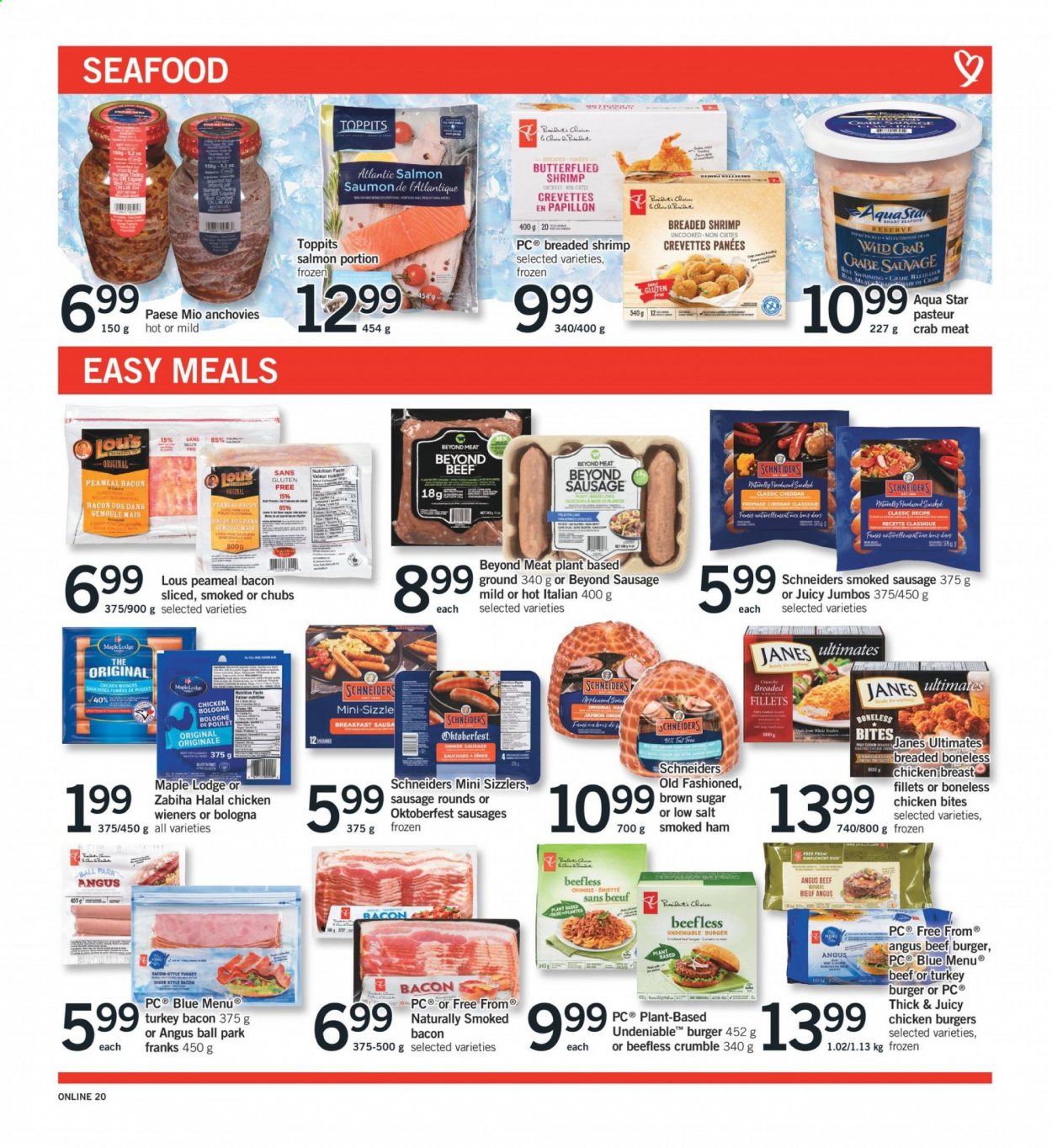 thumbnail - Fortinos Flyer - July 08, 2021 - July 14, 2021 - Sales products - crab meat, salmon, seafood, crab, shrimps, hamburger, beef burger, bacon, turkey bacon, ham, smoked ham, sausage, smoked sausage, cheddar, cheese, chicken bites, cane sugar, anchovies, chicken, beef meat, turkey burger. Page 6.