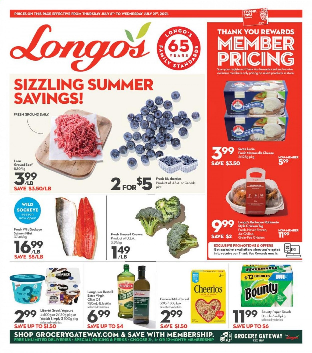 thumbnail - Longo's Flyer - July 08, 2021 - July 21, 2021 - Sales products - blueberries, salmon, salmon fillet, Bertolli, cheese, Yoplait, Bounty, Santa, cereals, Cheerios, extra virgin olive oil, olive oil, oil, beef meat, ground beef, mozzarella. Page 1.