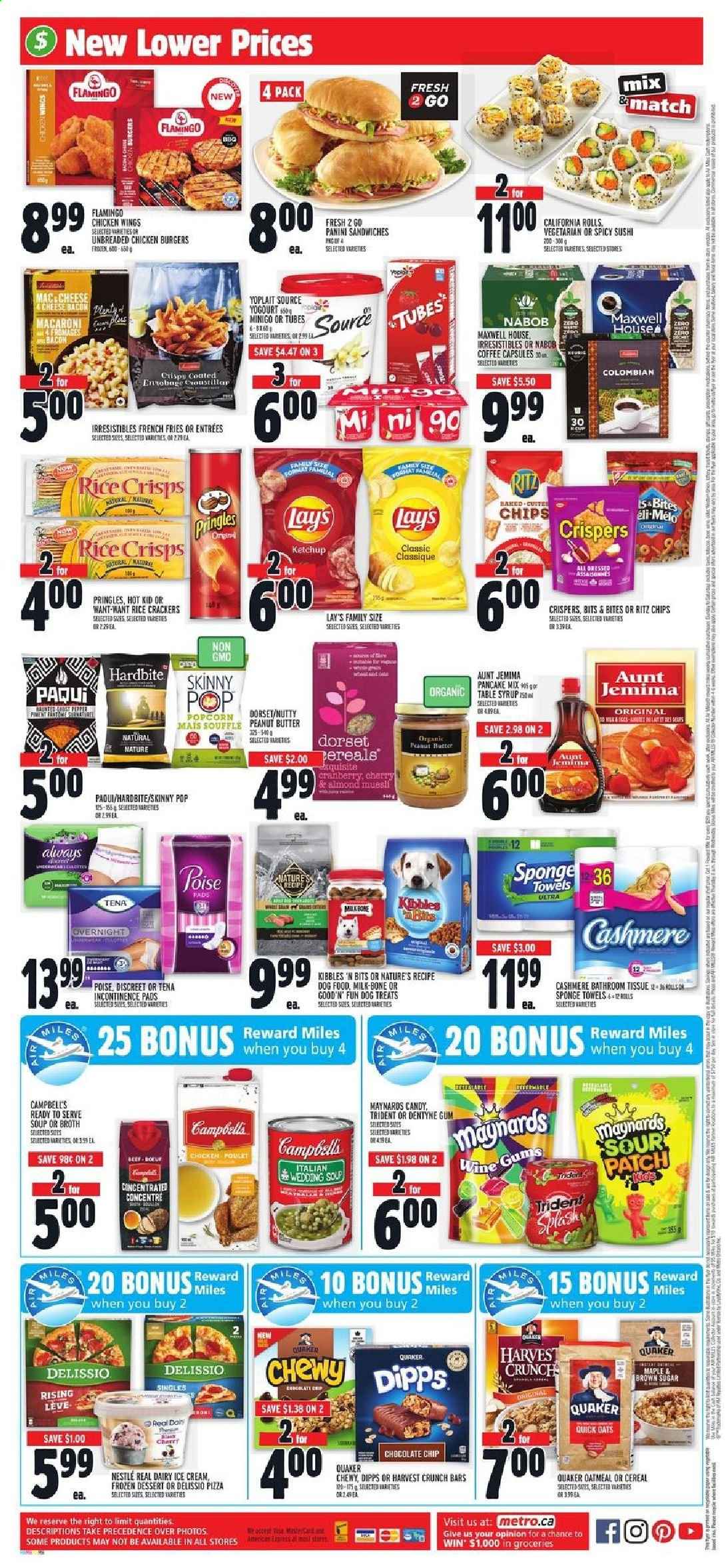 thumbnail - Metro Flyer - July 08, 2021 - July 14, 2021 - Sales products - panini, cherries, Campbell's, pizza, macaroni, soup, hamburger, pancakes, Quaker, bacon, Yoplait, milk, ice cream, chicken wings, potato fries, french fries, crackers, Trident, RITZ, Pringles, Lay’s, popcorn, rice crackers, rice crisps, Skinny Pop, oatmeal, oats, broth, muesli, Quick Oats, peanut butter, syrup, Maxwell House, coffee, coffee capsules, Keurig, bath tissue, Plenty, sponge, towel, animal food, dog food, Nestlé. Page 12.